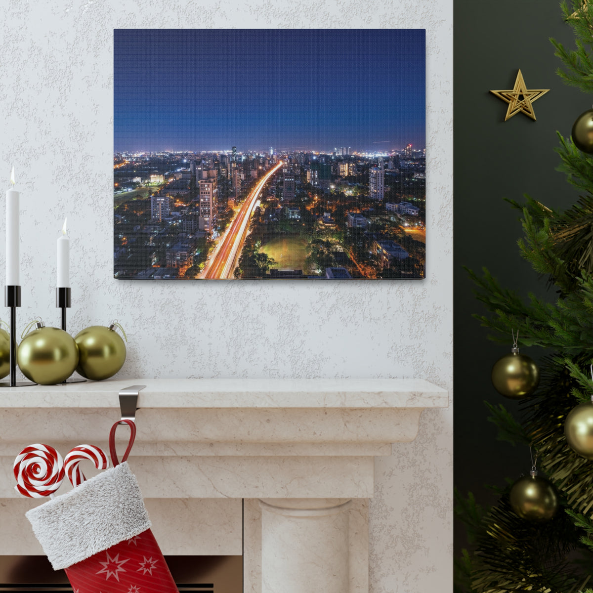 Mumbai Night Skyline Canvas Artwork High-Quality Breathtaking Stunning Cityscape for Home Decor Ready to Hang-Express Your Love Gifts