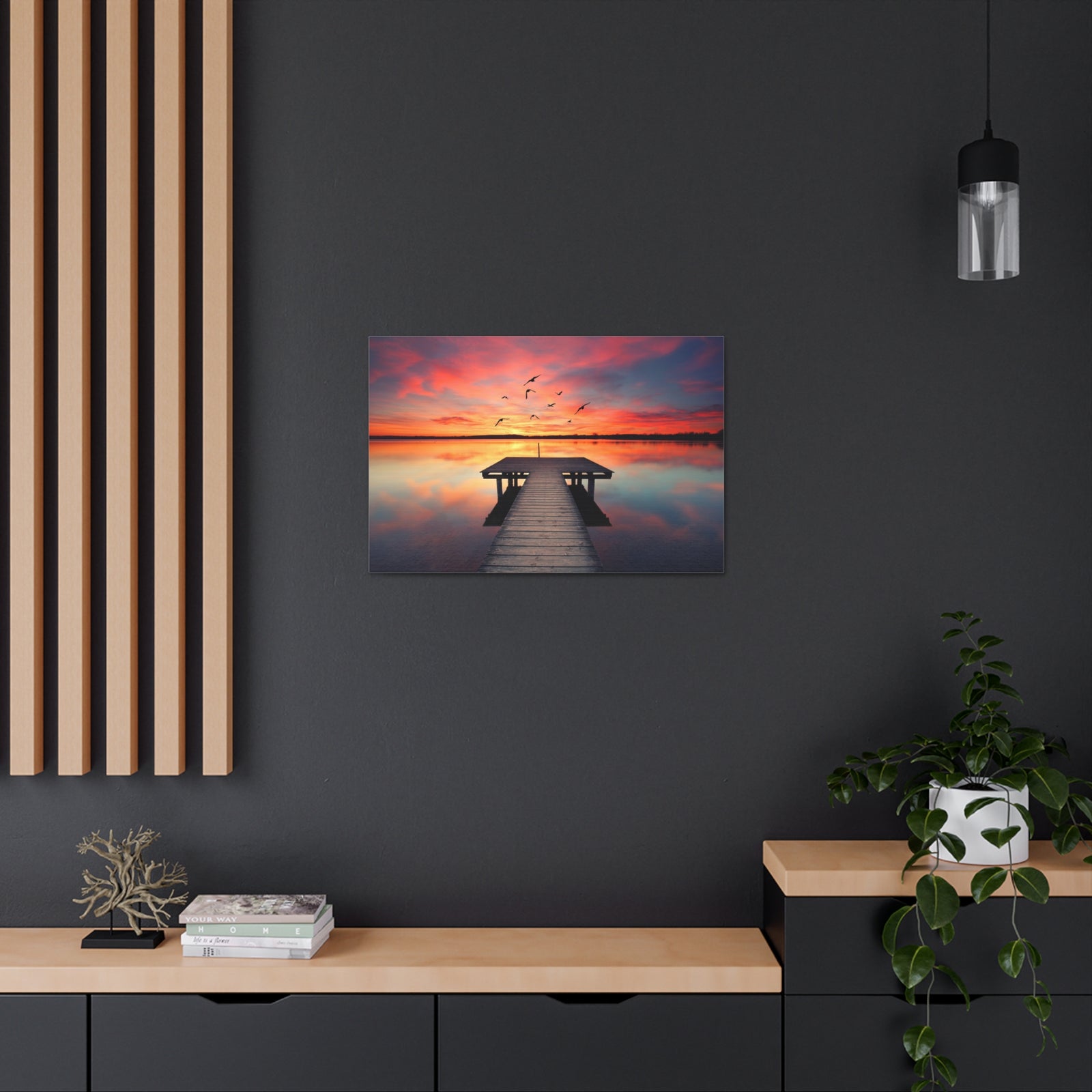 Wooden Bridge Lake View Dawn Nature Wilderness Photography Canvas Wall Art for Home Decor Ready-to-Hang-Express Your Love Gifts