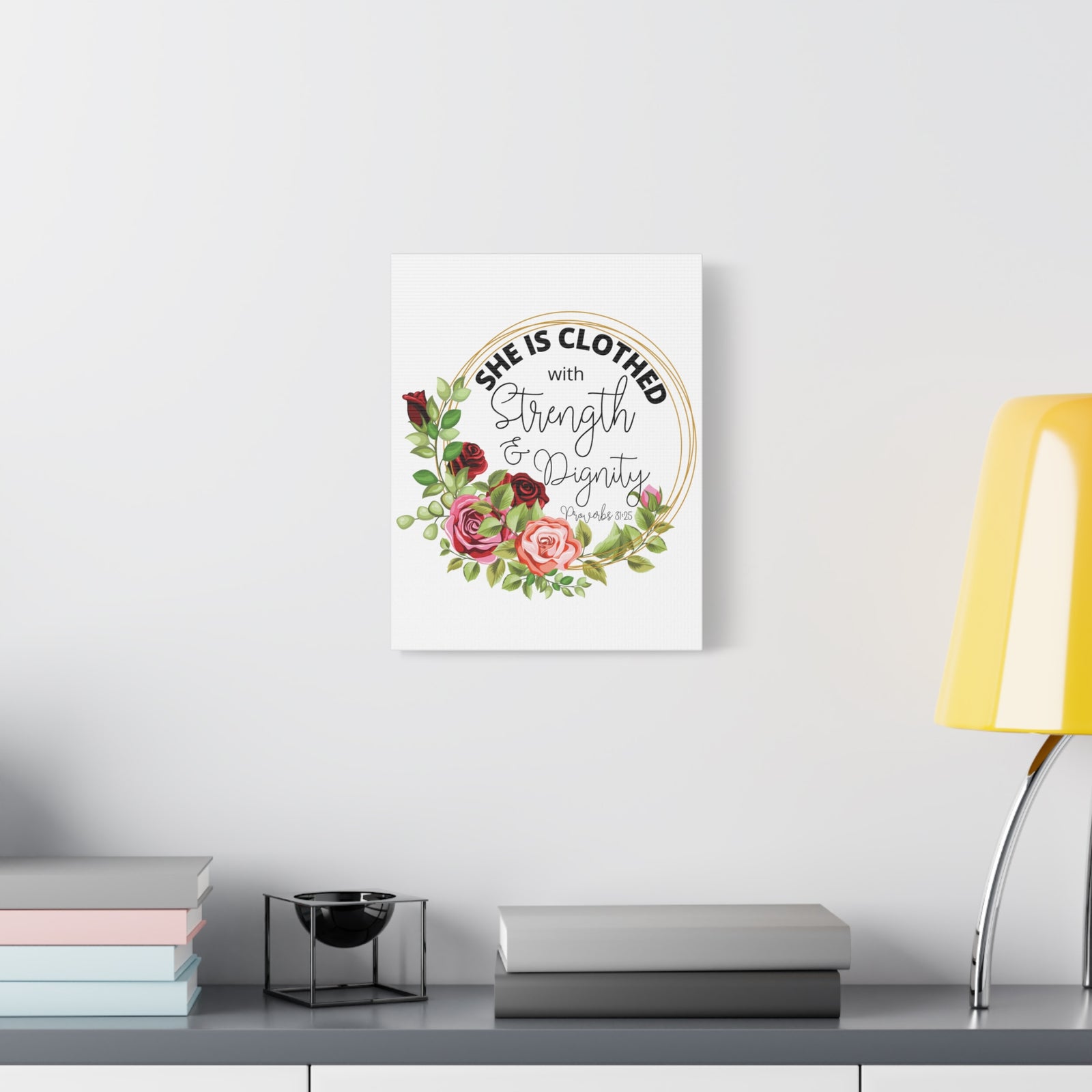 Scripture Walls Proverbs 31:25 Strength and Dignity Floral Wreath Bible Verse Canvas Christian Wall Art Ready to Hang Unframed-Express Your Love Gifts