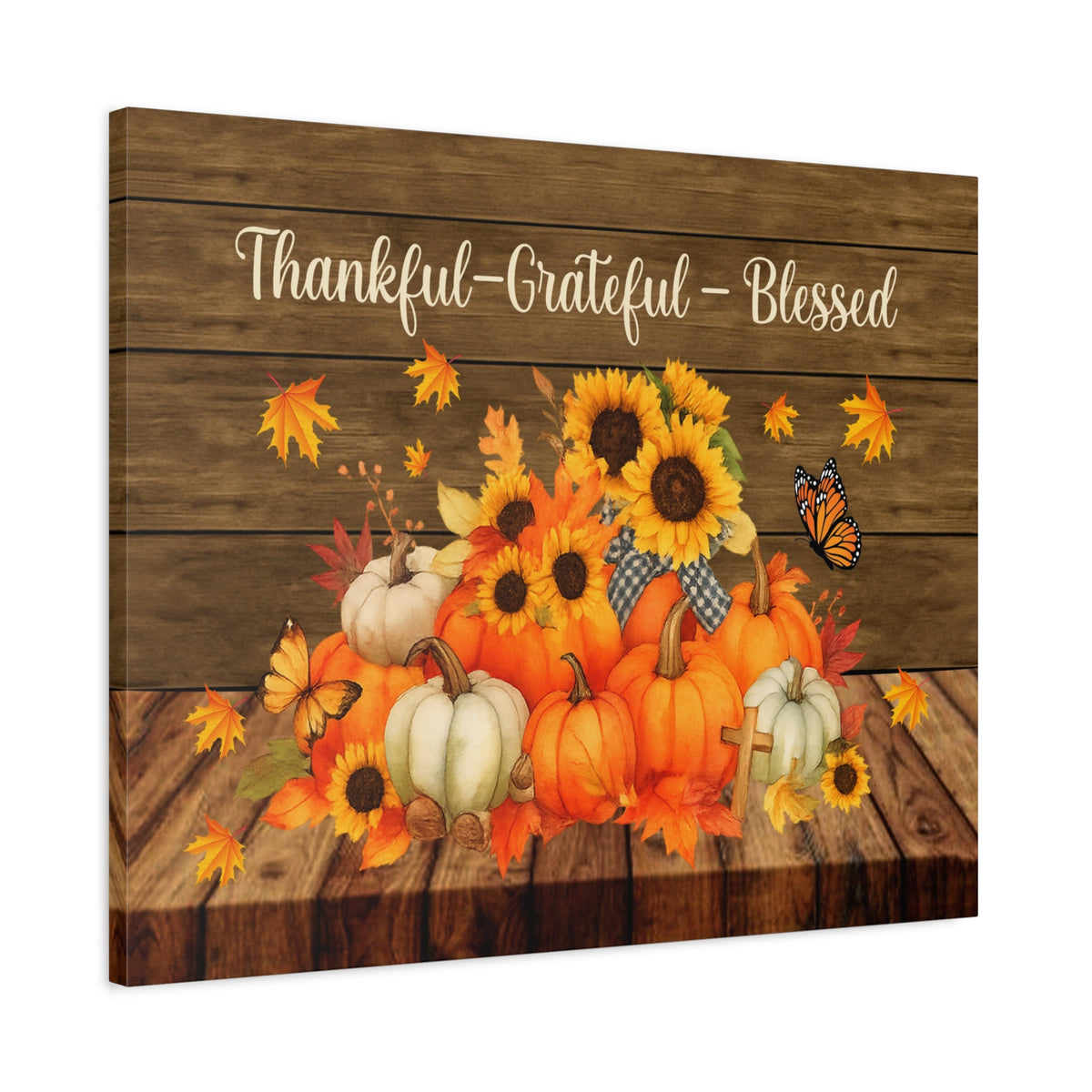 Thankful Grateful Blessed Pumpkin Canvas Wall Art – Rustic Autumn Decor-Express Your Love Gifts