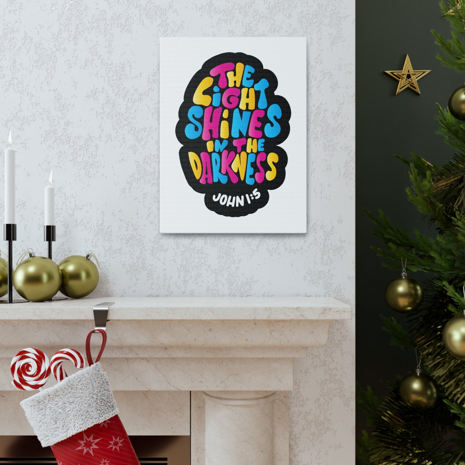 Scripture Canvas The Light Shines John 1:5 Christian Wall Art Bible Verse Print Ready to Hang-Express Your Love Gifts