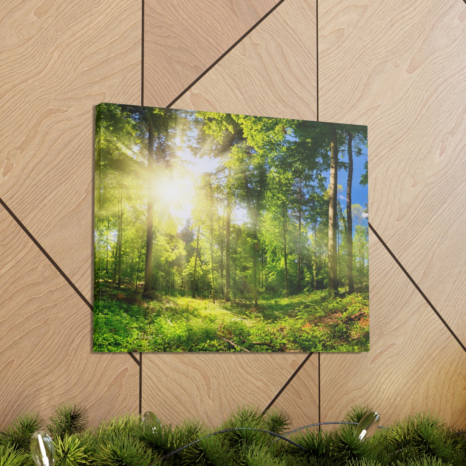 Sunrise Through Green Forest Nature Wilderness Photography Canvas Wall Art for Home Decor Ready-to-Hang-Express Your Love Gifts