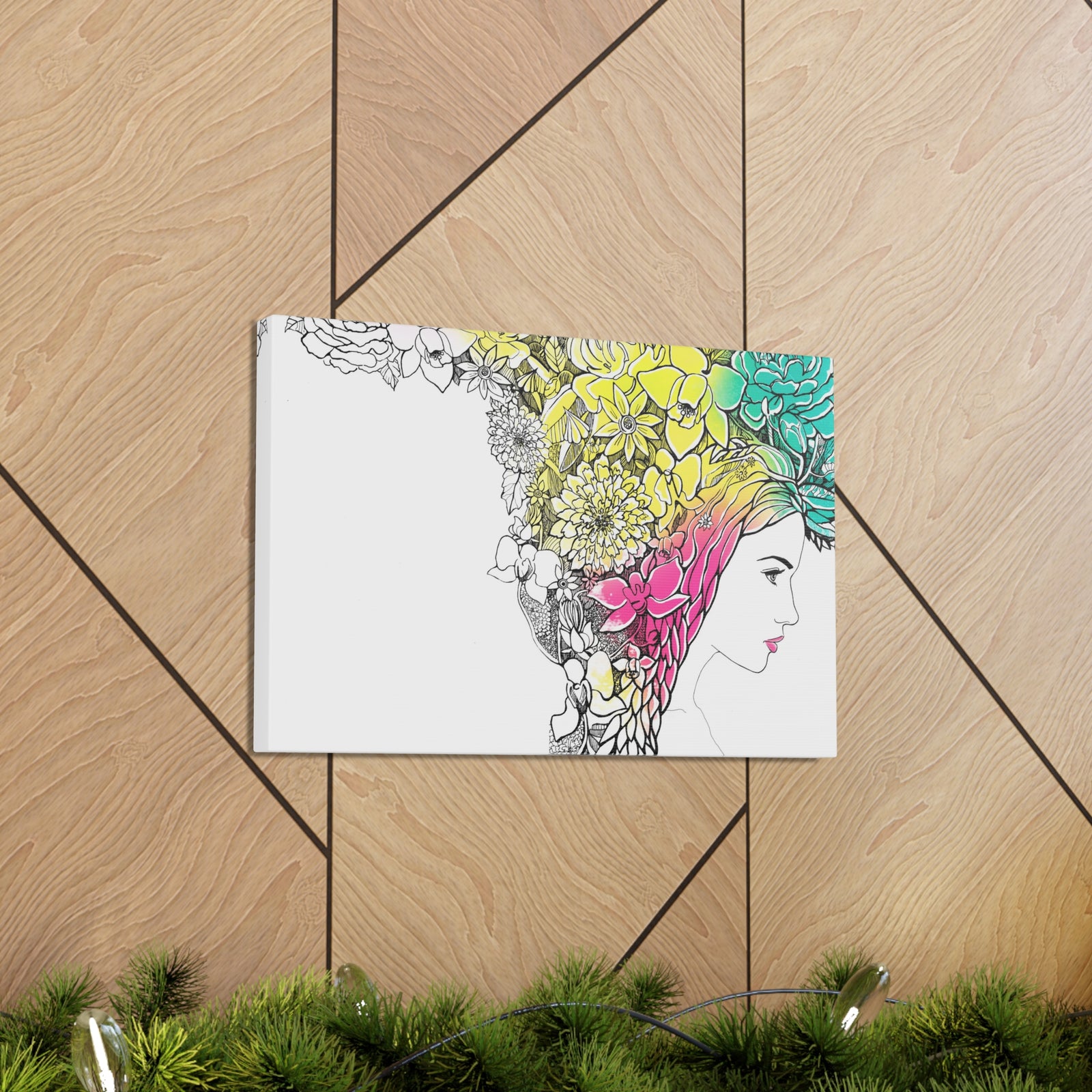 Young Girl With Hair Made Of Flowers And Leaves Flower Canvas Wall Art for Home Decor Ready-to-Hang-Express Your Love Gifts