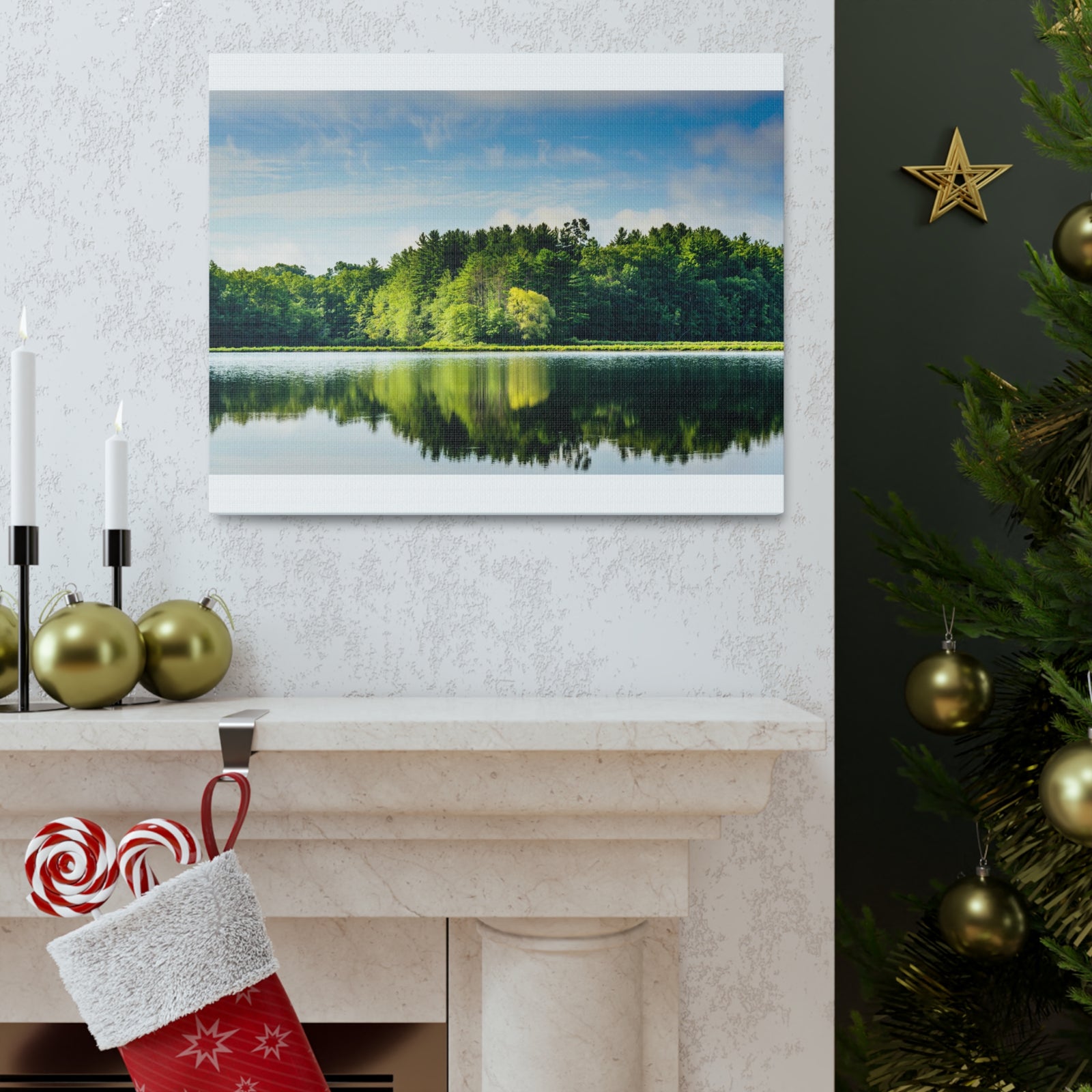 Green Forest Clear Lake Reflection Nature Wilderness Photography Canvas Wall Art for Home Decor Ready-to-Hang-Express Your Love Gifts