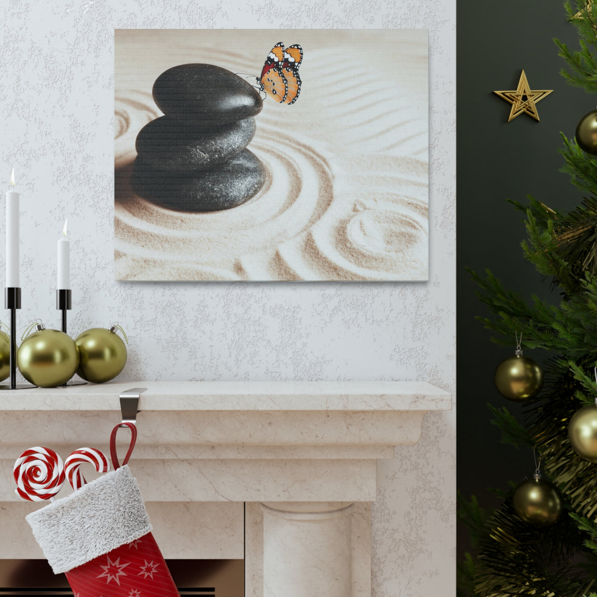 Stones on Sand Forest Floral Nature Photography Canvas Wall Art for Home Decor Ready-to-Hang-Express Your Love Gifts