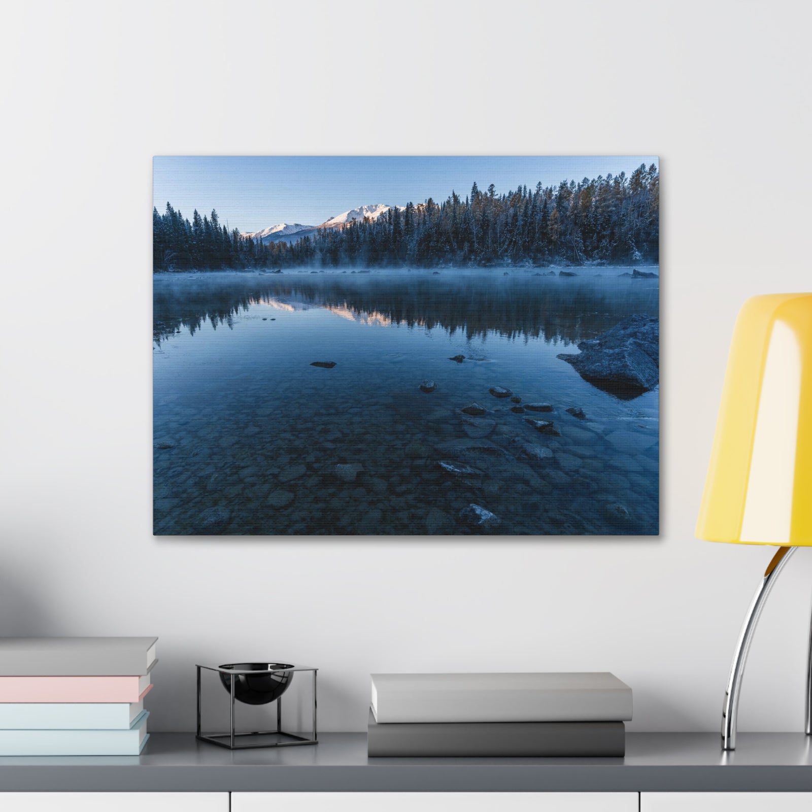 Clear Winter Lake Pine Tree Mountain Nature Wilderness Photography Canvas Wall Art for Home Decor Ready-to-Hang-Express Your Love Gifts