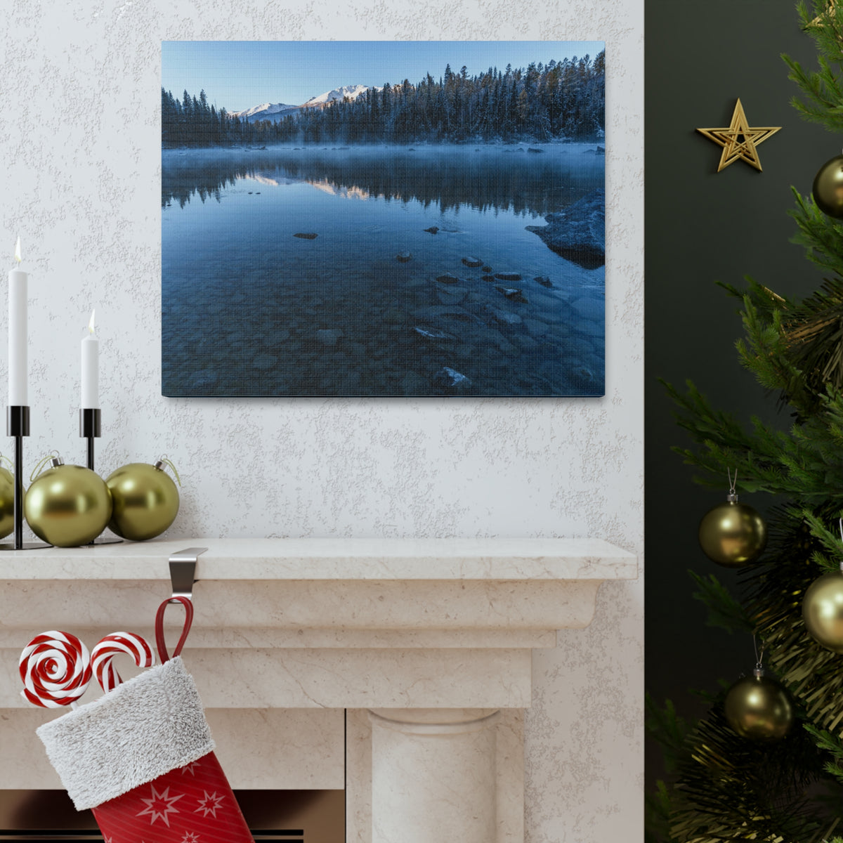 Clear Winter Lake Pine Tree Mountain Nature Wilderness Photography Canvas Wall Art for Home Decor Ready-to-Hang-Express Your Love Gifts