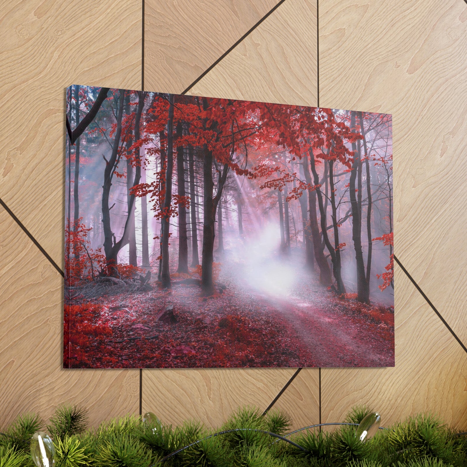 Foggy Autumn Forest Orange Leaves Nature Wilderness Photography Canvas Wall Art for Home Decor Ready-to-Hang-Express Your Love Gifts