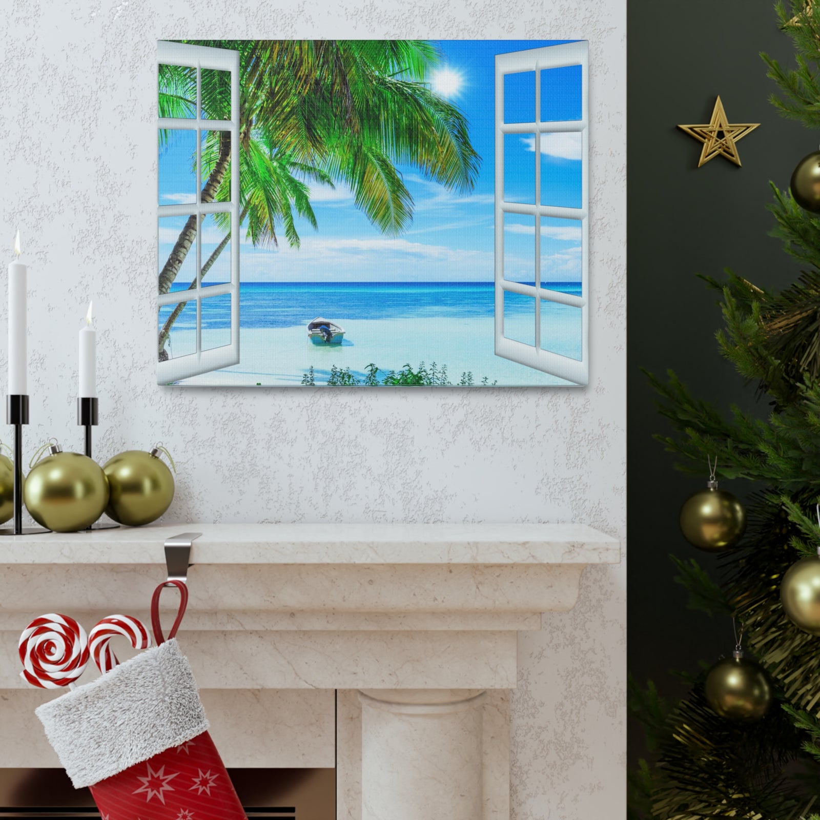 Canvas Print Wall Art Window Beach Coconut View Nature Photography Realism Scenic Landscape Colorful Multicolor for Home Decor Ready to Hang-Express Your Love Gifts