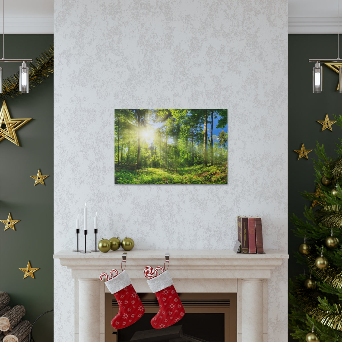 Sunrise Through Green Forest Nature Wilderness Photography Canvas Wall Art for Home Decor Ready-to-Hang-Express Your Love Gifts