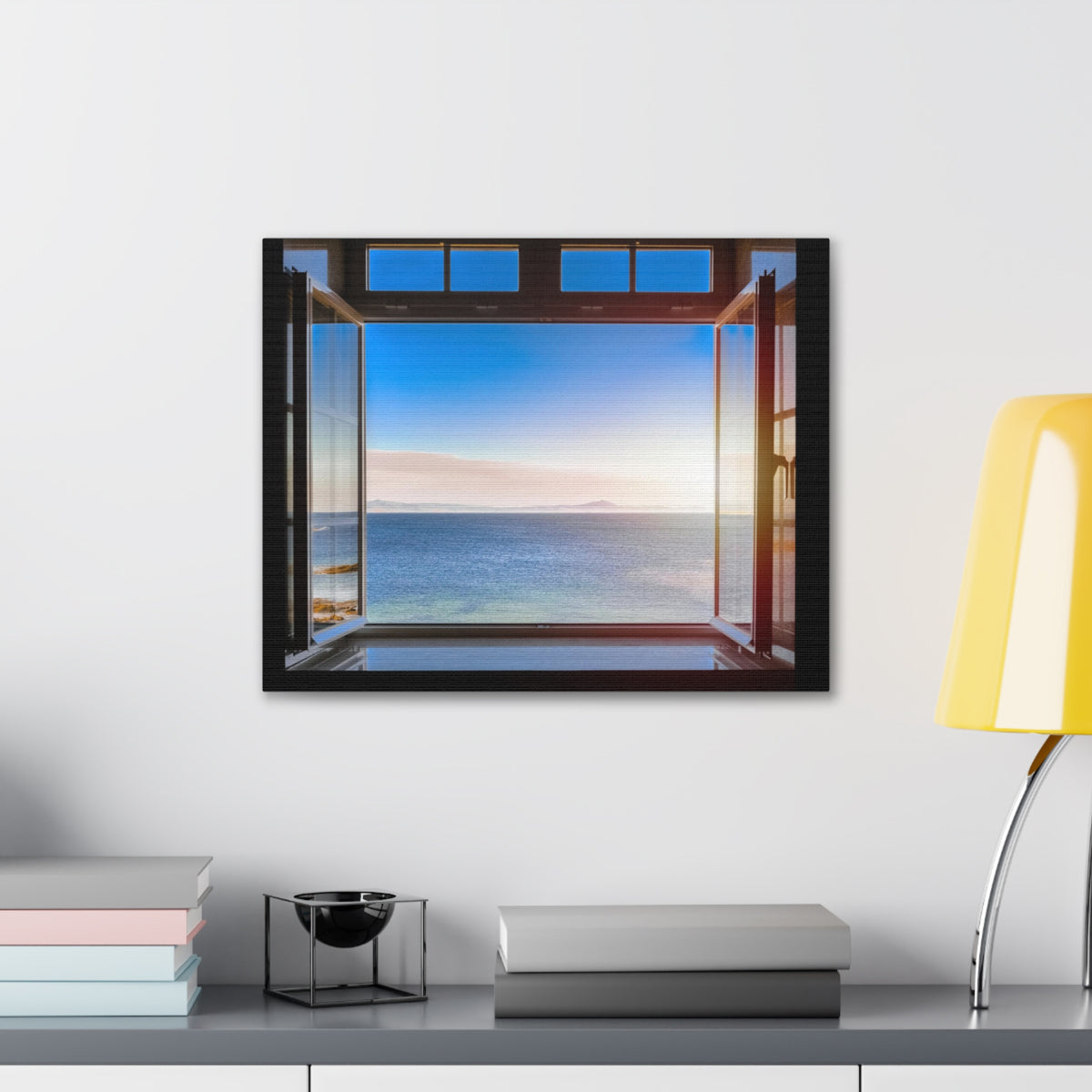 Dark Room Sunset Sea View Open Window Ocean Canvas Wall Art for Home Decor Ready-to-Hang-Express Your Love Gifts