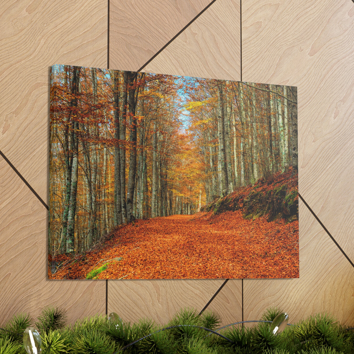 Path Through Red & Orange Autumn Park Nature Wilderness Photography Canvas Wall Art for Home Decor Ready-to-Hang-Express Your Love Gifts