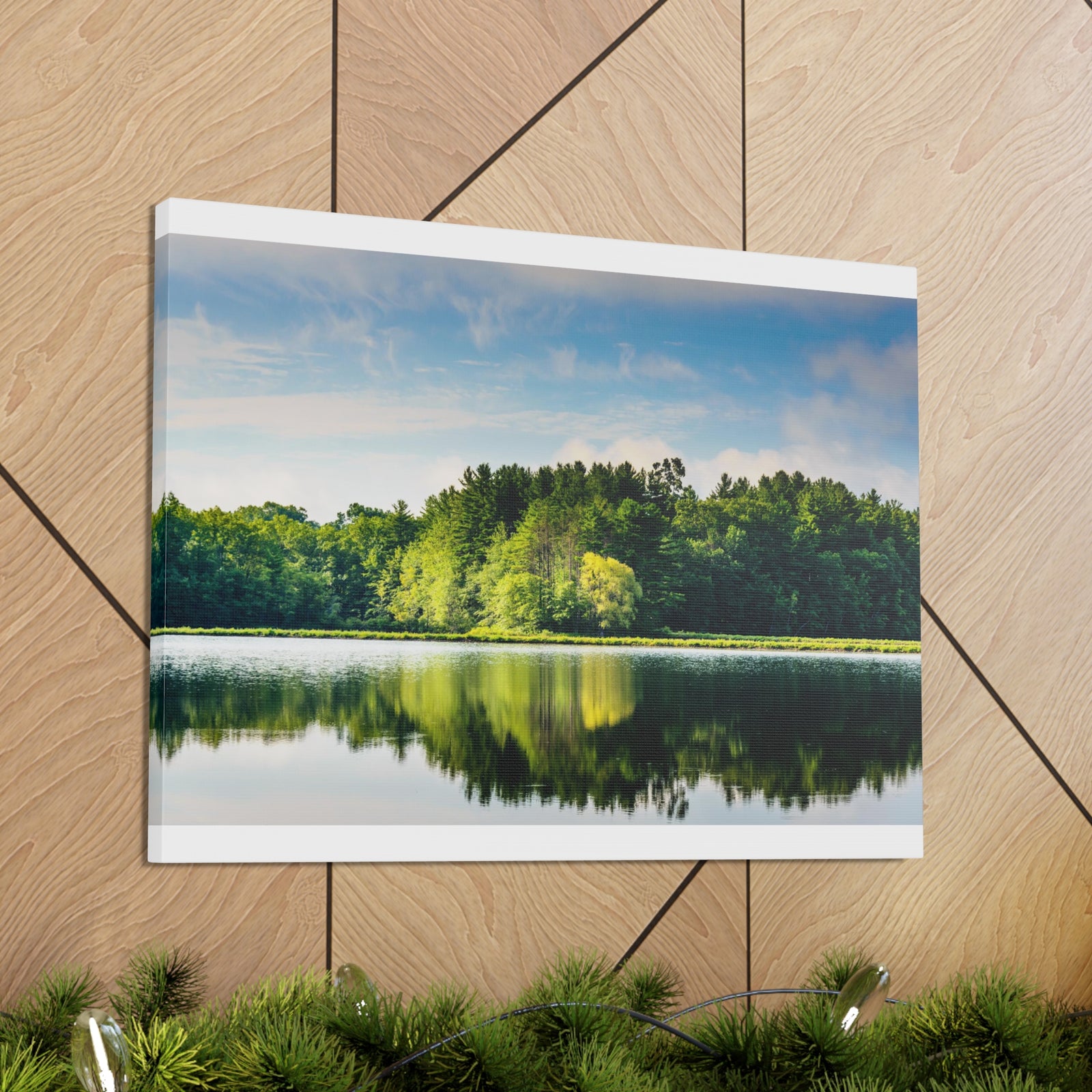 Green Forest Clear Lake Reflection Nature Wilderness Photography Canvas Wall Art for Home Decor Ready-to-Hang-Express Your Love Gifts
