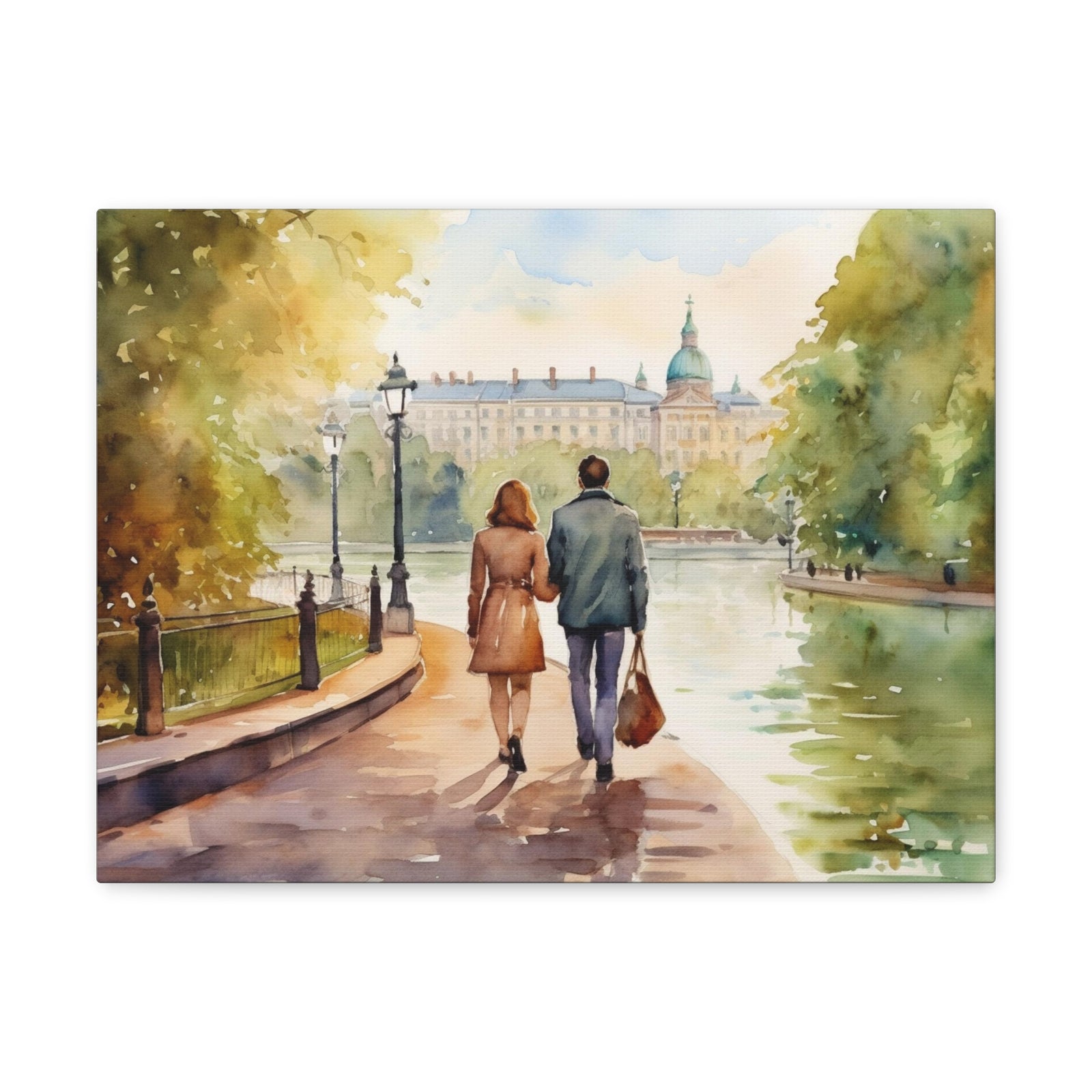 Couple Walking Down By The River Natural Landscape Watercolor Painting Canvas Wall Art for Home Decor Ready-to-Hang-Express Your Love Gifts