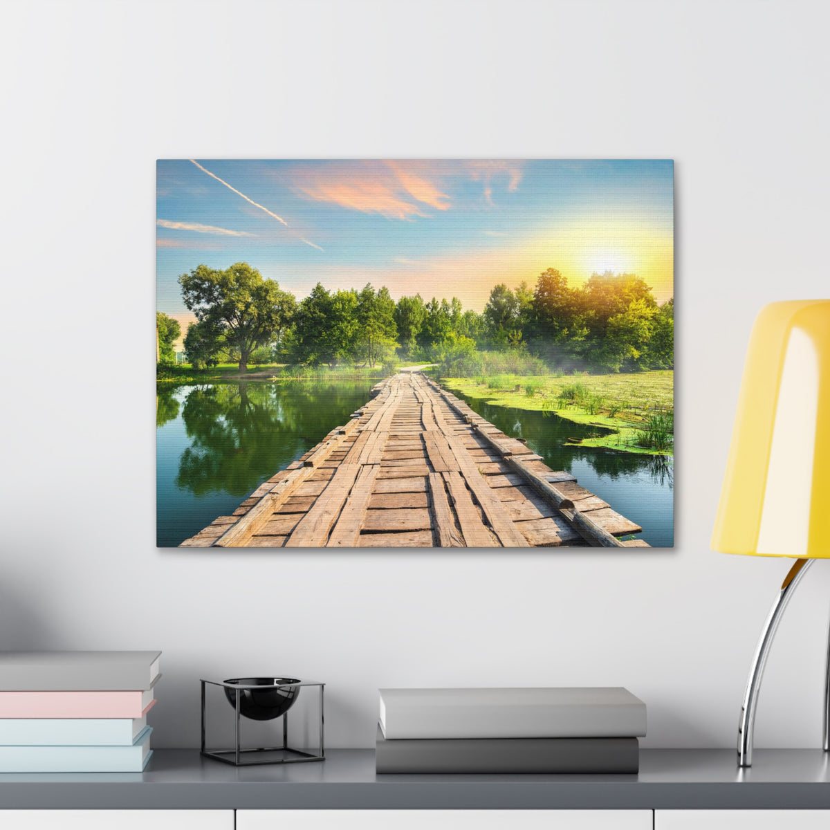 Lake at Dawn Wooden Bridge Nature Wilderness Photography Canvas Wall Art for Home Decor Ready-to-Hang-Express Your Love Gifts