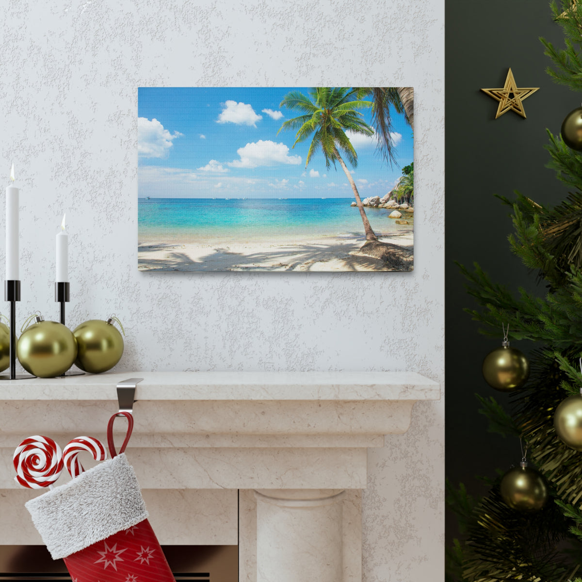 Tropical Beach With Coconut Palm Tree Ocean Canvas Wall Art for Home Decor Ready-to-Hang-Express Your Love Gifts