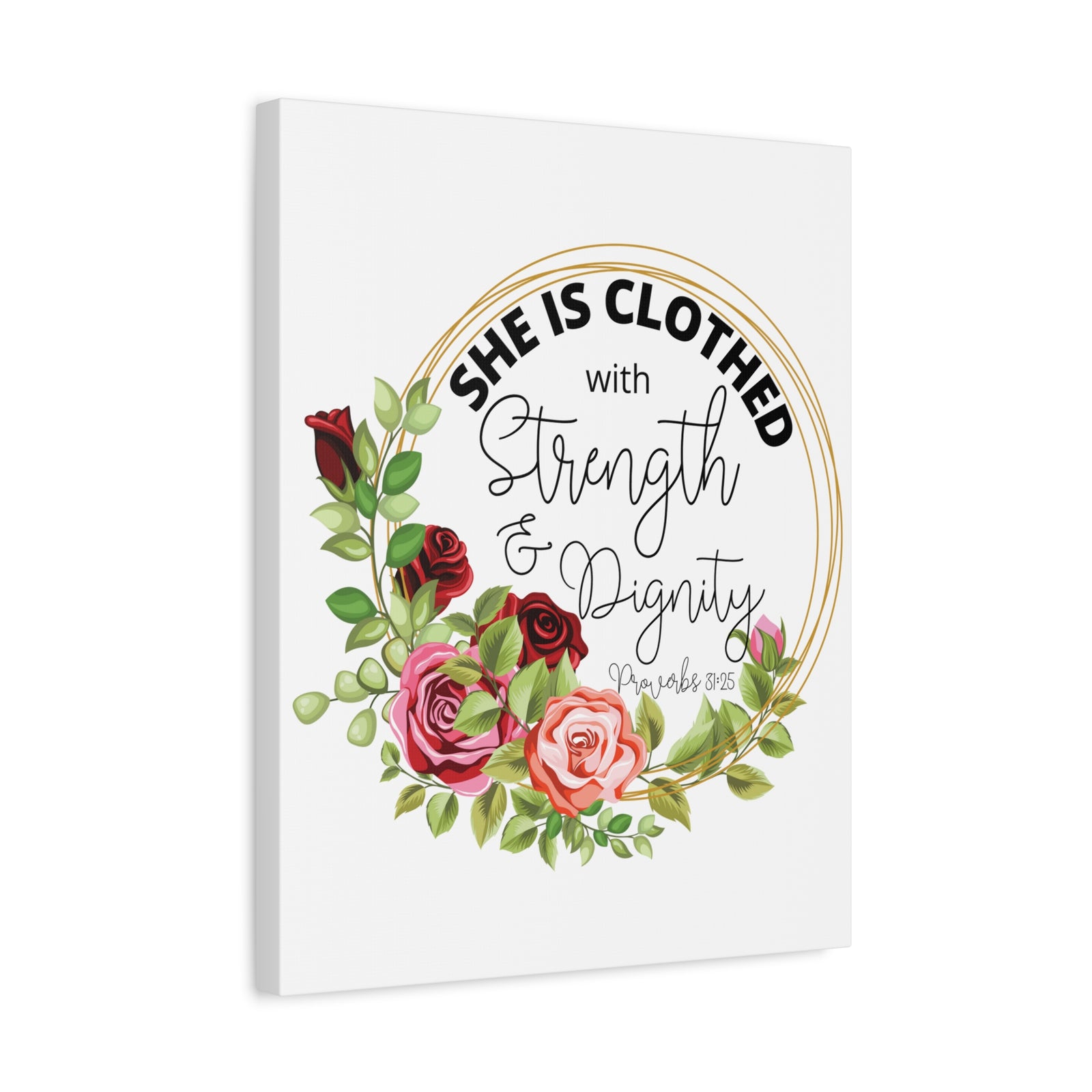 Scripture Walls Proverbs 31:25 Strength and Dignity Floral Wreath Bible Verse Canvas Christian Wall Art Ready to Hang Unframed-Express Your Love Gifts