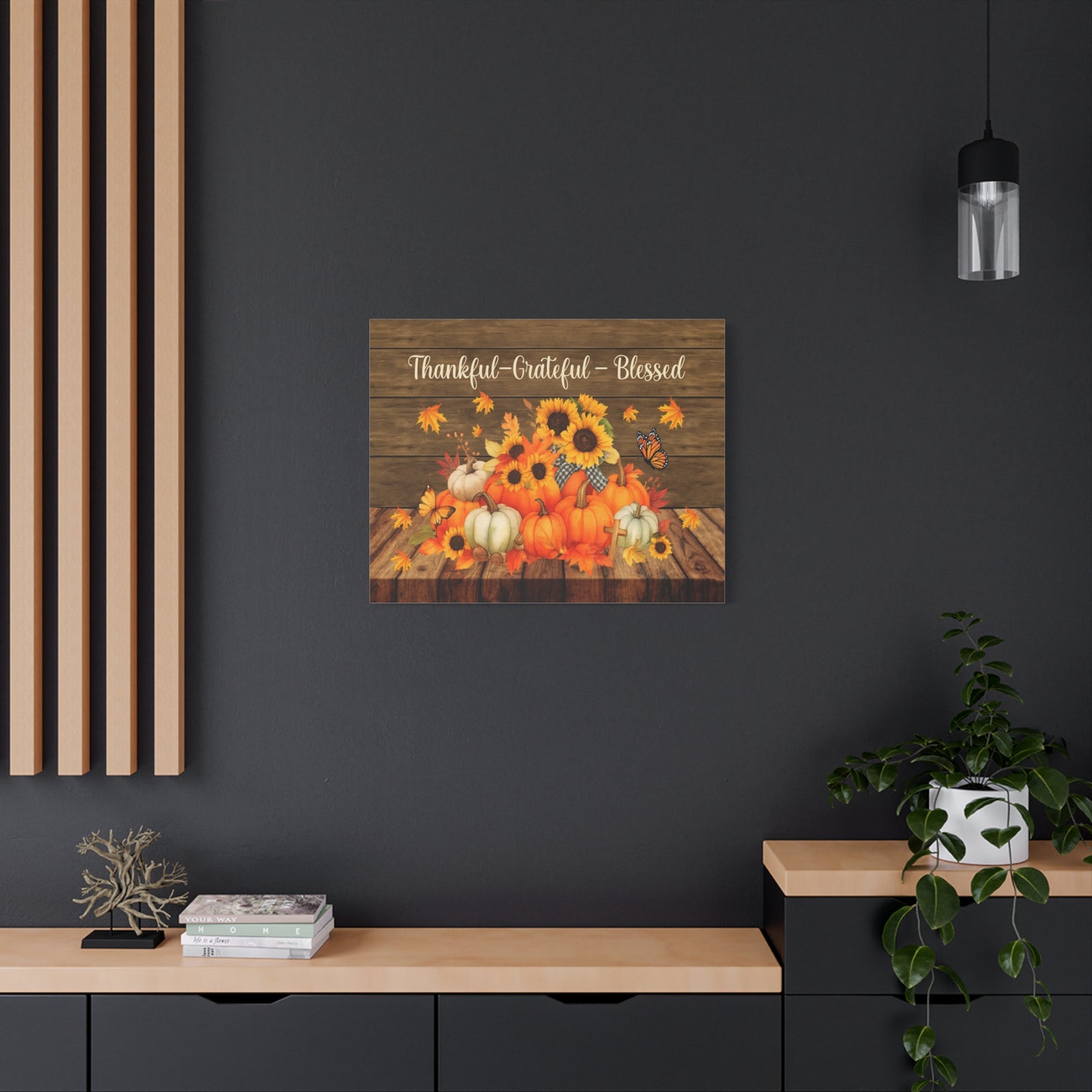 Thankful Grateful Blessed Pumpkin Canvas Wall Art – Rustic Autumn Decor-Express Your Love Gifts