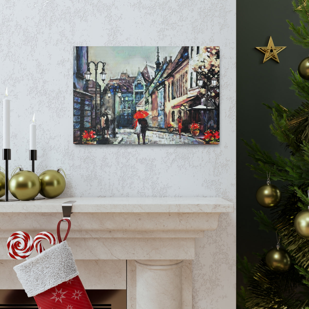 Paris Street View Couple With Red Umbrella France Canvas Artwork High-Quality Breathtaking French City for Home Decor Ready to Hang-Express Your Love Gifts