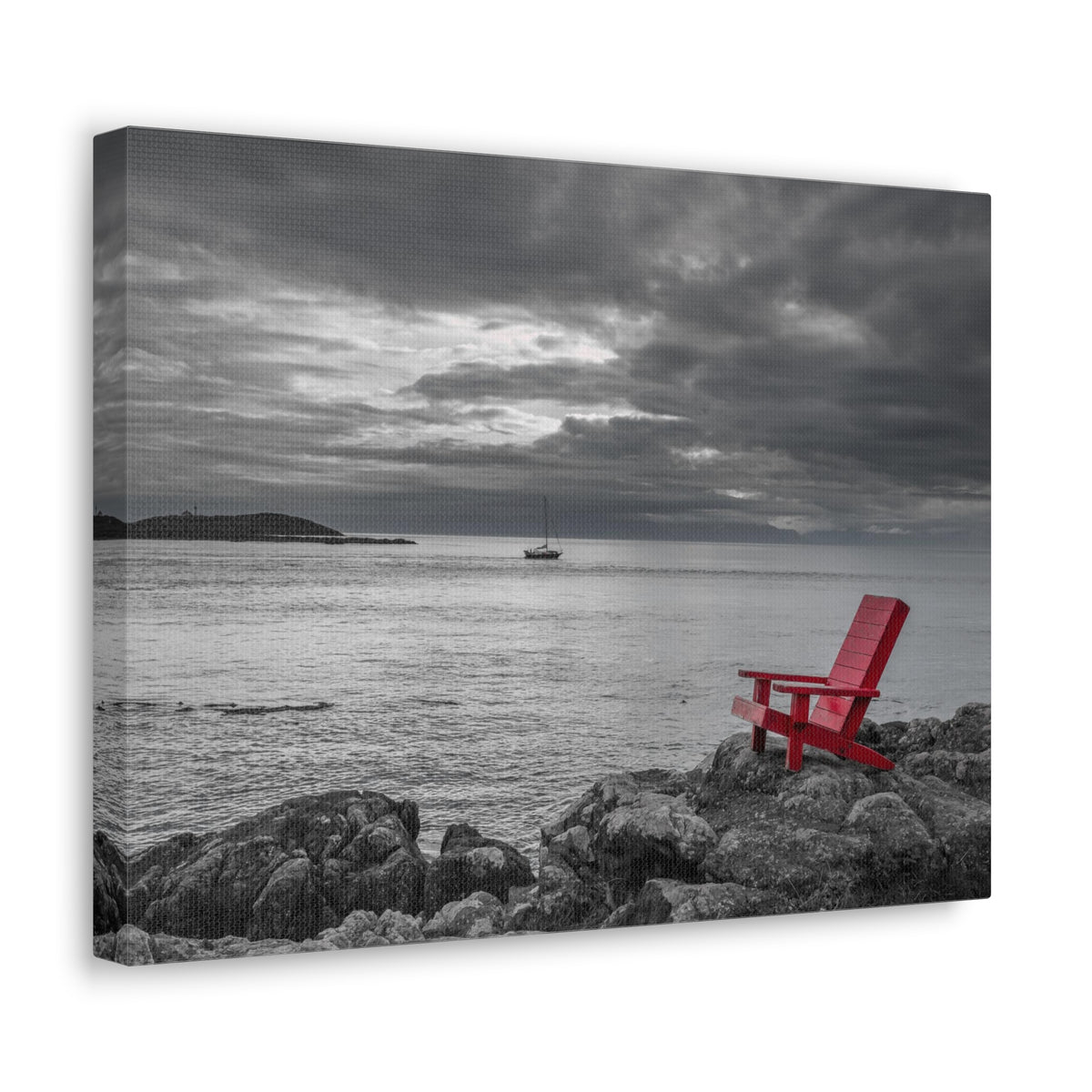 Red Chair On Ocean Side Rocks Ocean Canvas Wall Art for Home Decor Ready-to-Hang-Express Your Love Gifts
