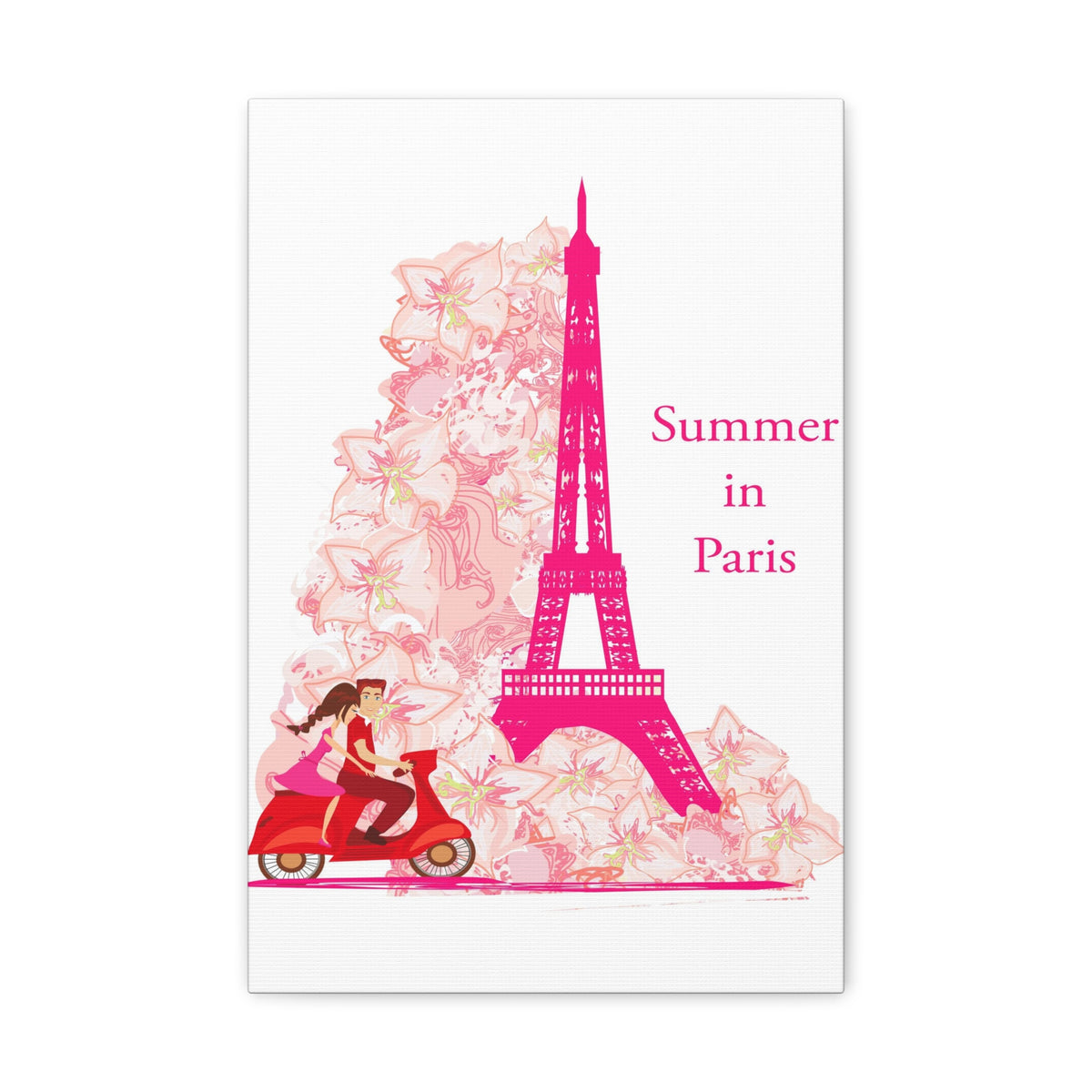 Pink Eiffel Tower Couple On Scooter Paris France Canvas Artwork High-Quality Breathtaking French City for Home Decor Ready to Hang-Express Your Love Gifts