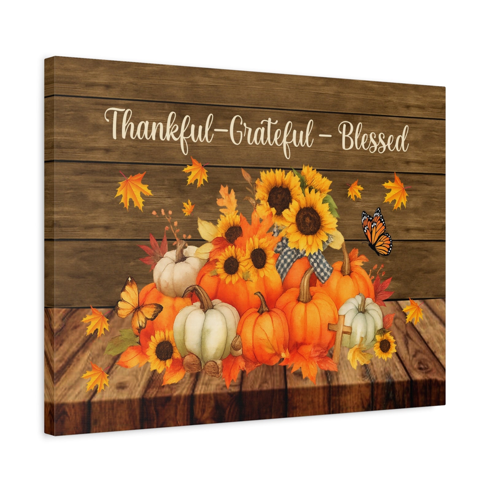 Thankful Grateful Blessed Pumpkin Canvas Wall Art – Rustic Autumn Decor-Express Your Love Gifts