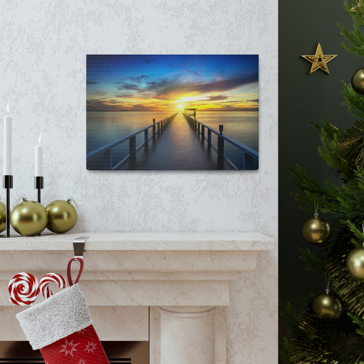 Sunset Beach Pier Nature Wilderness Photography Canvas Wall Art for Home Decor Ready-to-Hang-Express Your Love Gifts