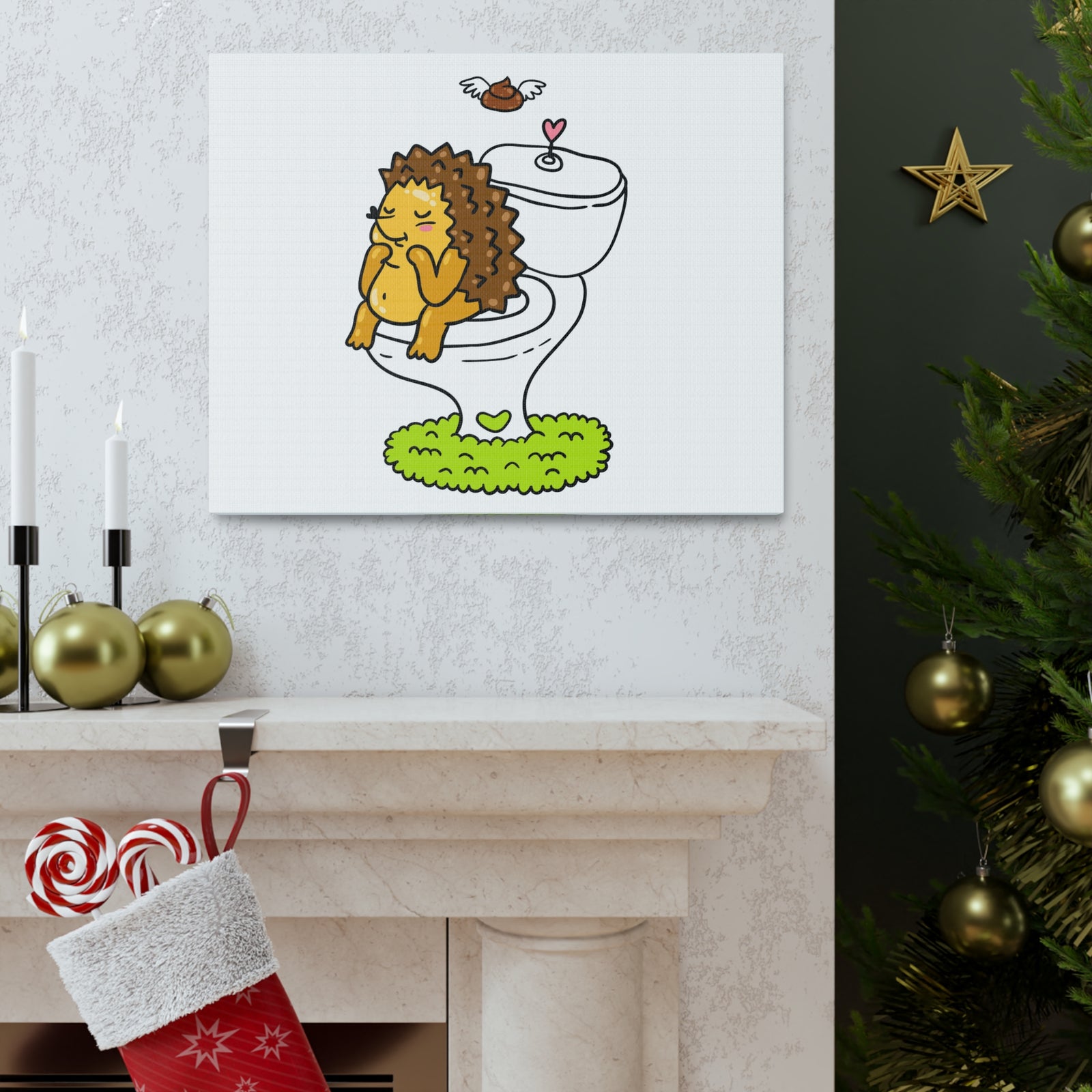 Cute Little Hedgehog Sitting On Toilet Funny Canvas Wall Art for Home Decor Ready-to-Hand-Express Your Love Gifts