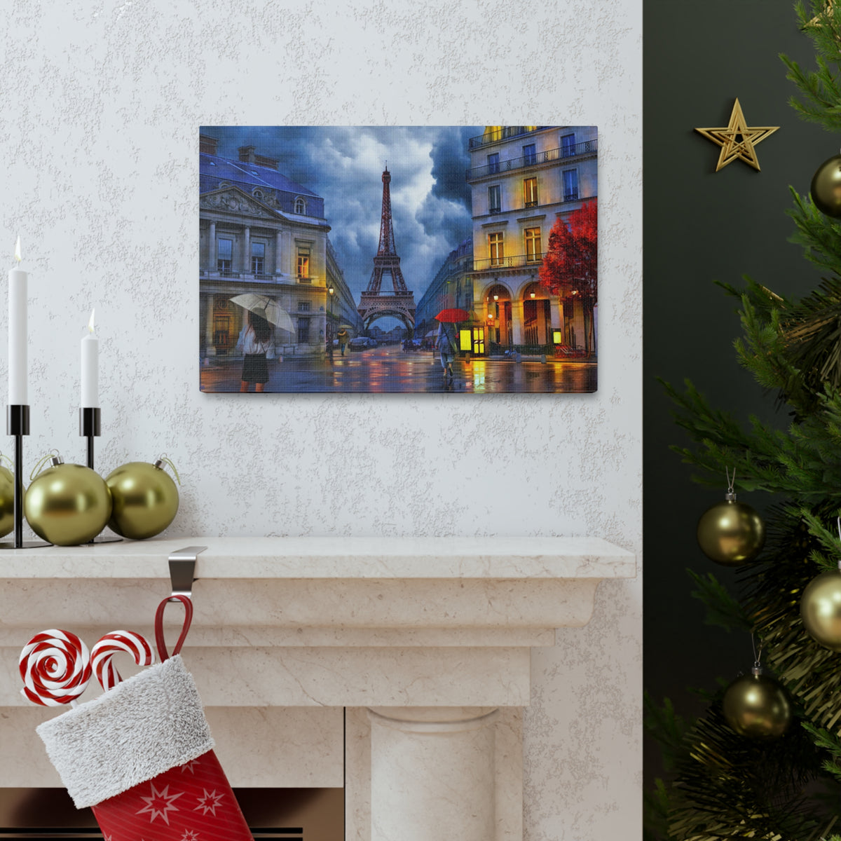 Paris Street View Red Umbrella Eiffel Tower France Canvas Artwork High-Quality Breathtaking French City for Home Decor Ready to Hang-Express Your Love Gifts