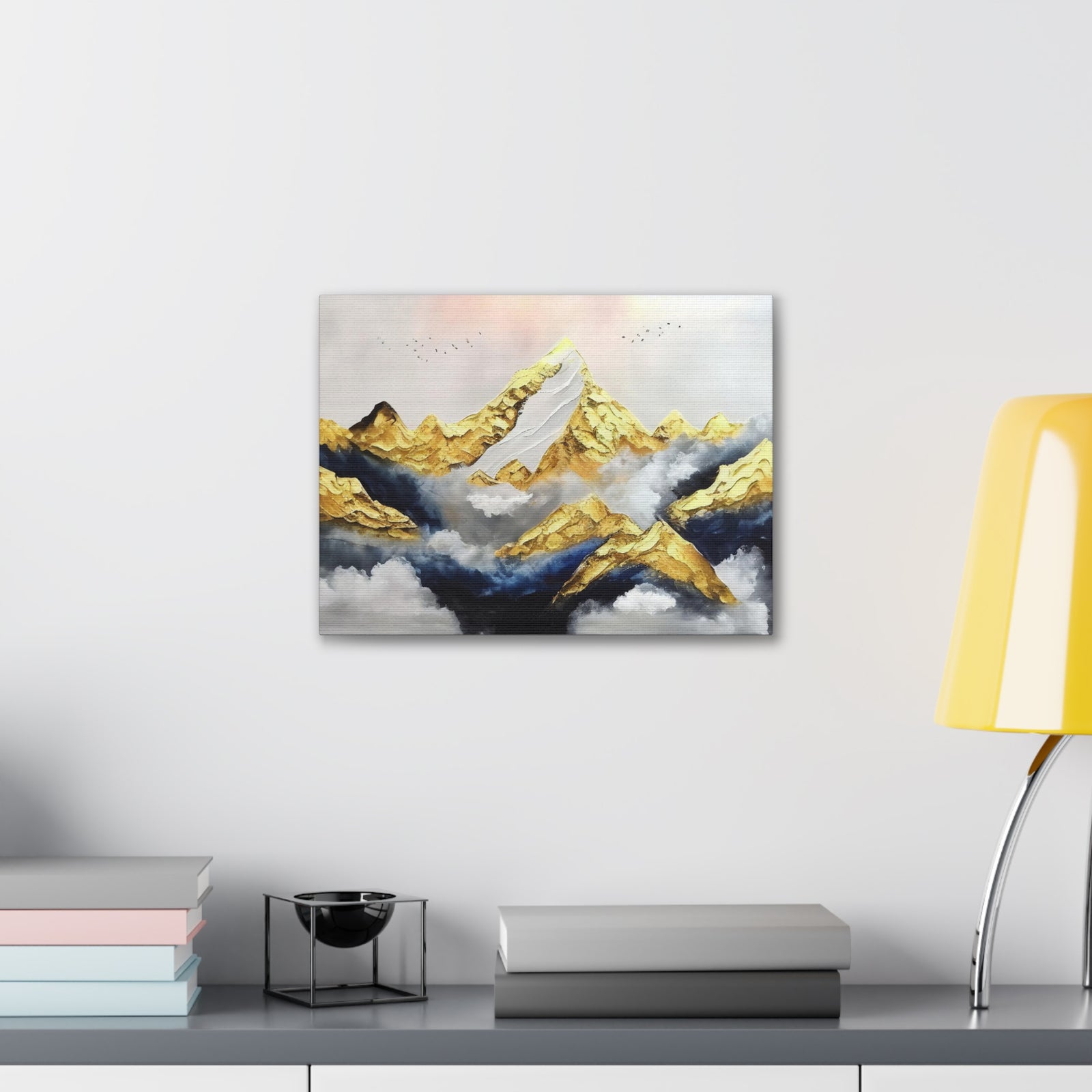 Mountaintop Landscape Birds Flying White Gold and Blue Painting Canvas Wall Art for Home Decor Ready-to-Hang-Express Your Love Gifts