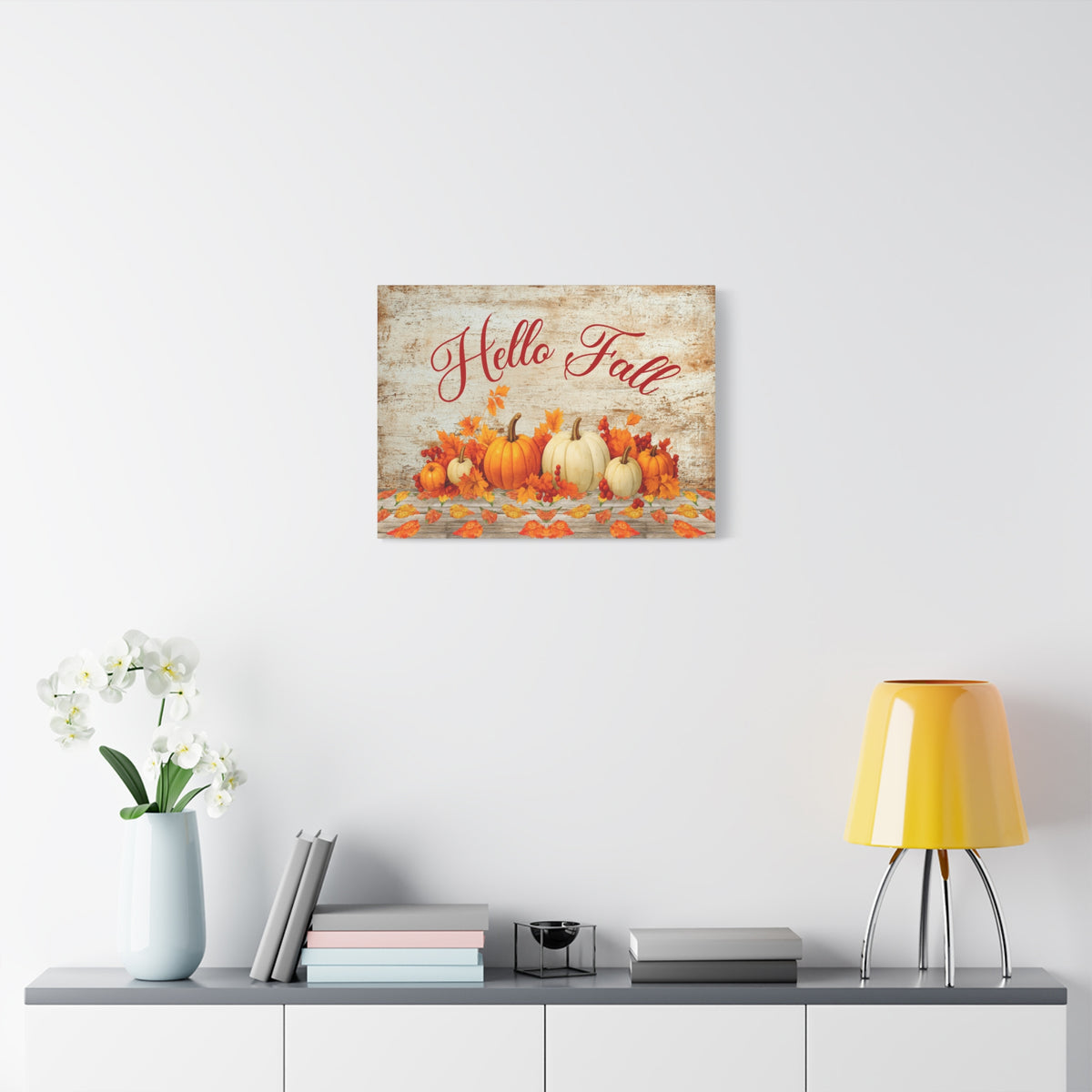 Hello Fall Pumpkin Canvas Wall Art – Rustic Autumn Farmhouse Decor-Express Your Love Gifts