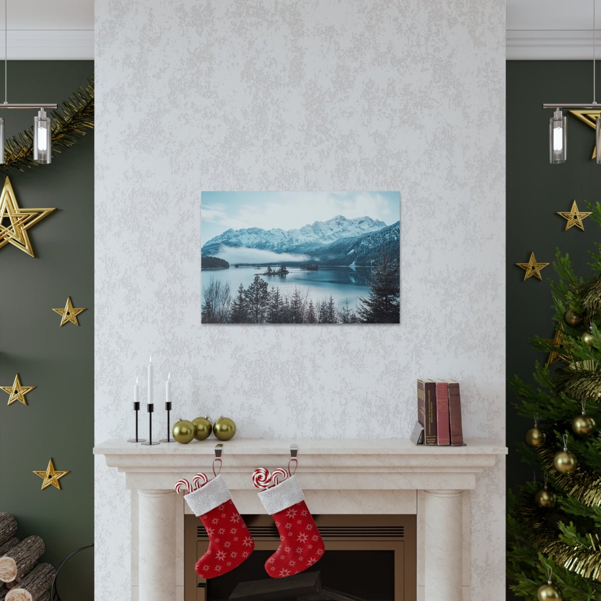Winter Mountain Lake Pine Tree Lake Nature Wilderness Photography Canvas Wall Art for Home Decor Ready-to-Hang-Express Your Love Gifts