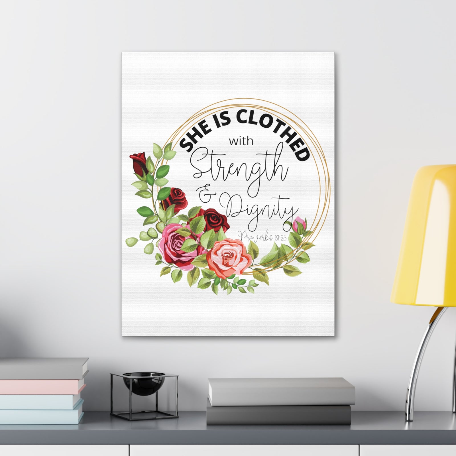 Scripture Walls Proverbs 31:25 Strength and Dignity Floral Wreath Bible Verse Canvas Christian Wall Art Ready to Hang Unframed-Express Your Love Gifts