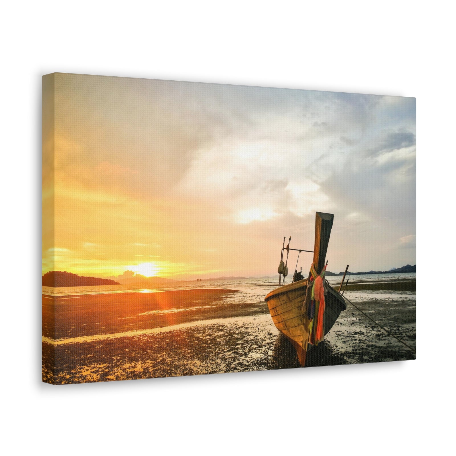 Longtail Boat Sunset Time Ocean Canvas Wall Art for Home Decor Ready-to-Hang-Express Your Love Gifts