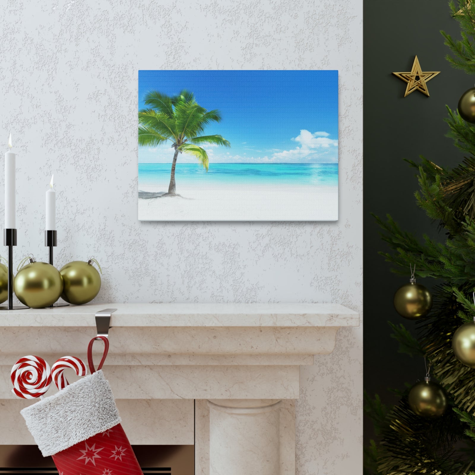 Palm on the beach in Daylight Ocean Canvas Wall Art for Home Decor Ready-to-Hang-Express Your Love Gifts