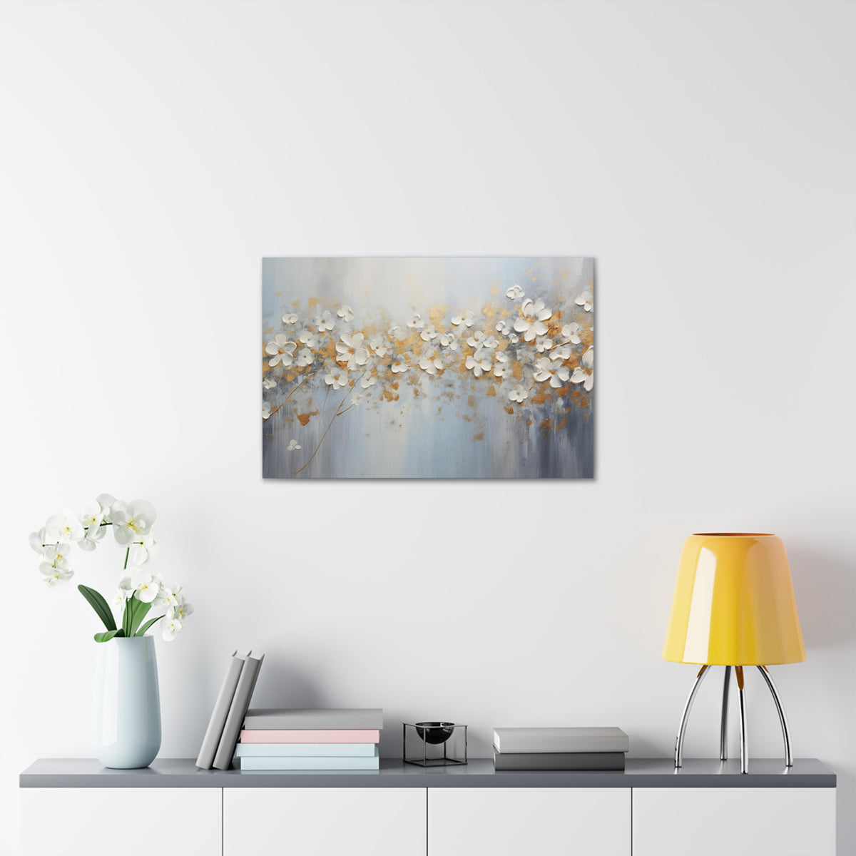 Abstract Gold Element White Flowers Texture Background Canvas Wall Art for Home Decor Ready-to-Hang-Express Your Love Gifts