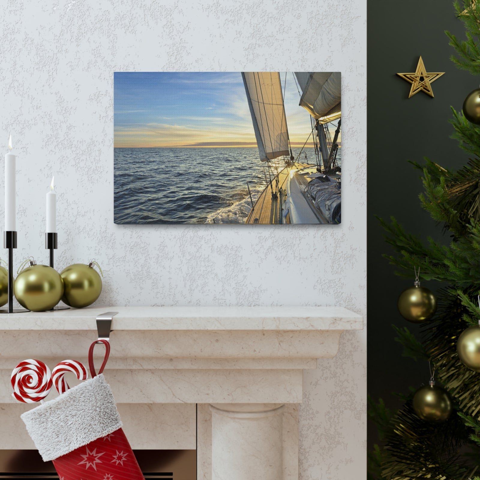 Sailboat Sailing In The Sea At Sunset Ocean Canvas Wall Art for Home Decor Ready-to-Hang-Express Your Love Gifts
