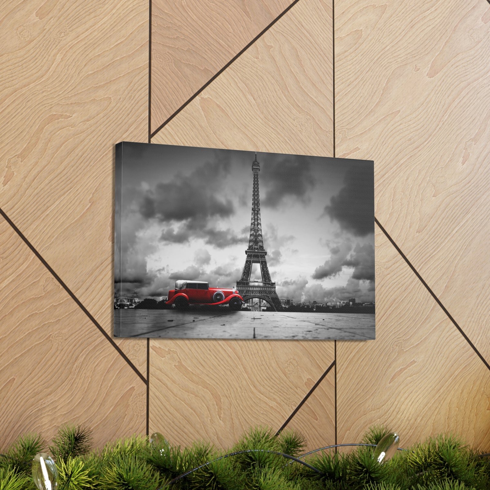 Eiffel Tower Skyline Black White Rain Red Umbrella Canvas Artwork High-Quality Breathtaking Stunning Cityscape for Home Decor Ready to Hang-Express Your Love Gifts