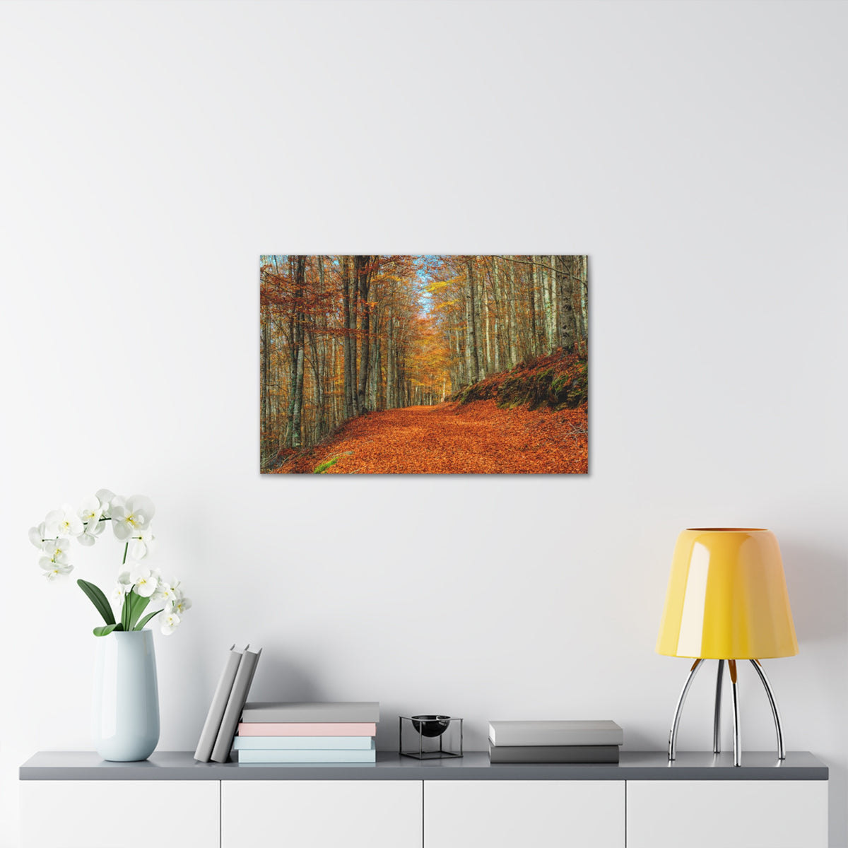 Path Through Red & Orange Autumn Park Nature Wilderness Photography Canvas Wall Art for Home Decor Ready-to-Hang-Express Your Love Gifts