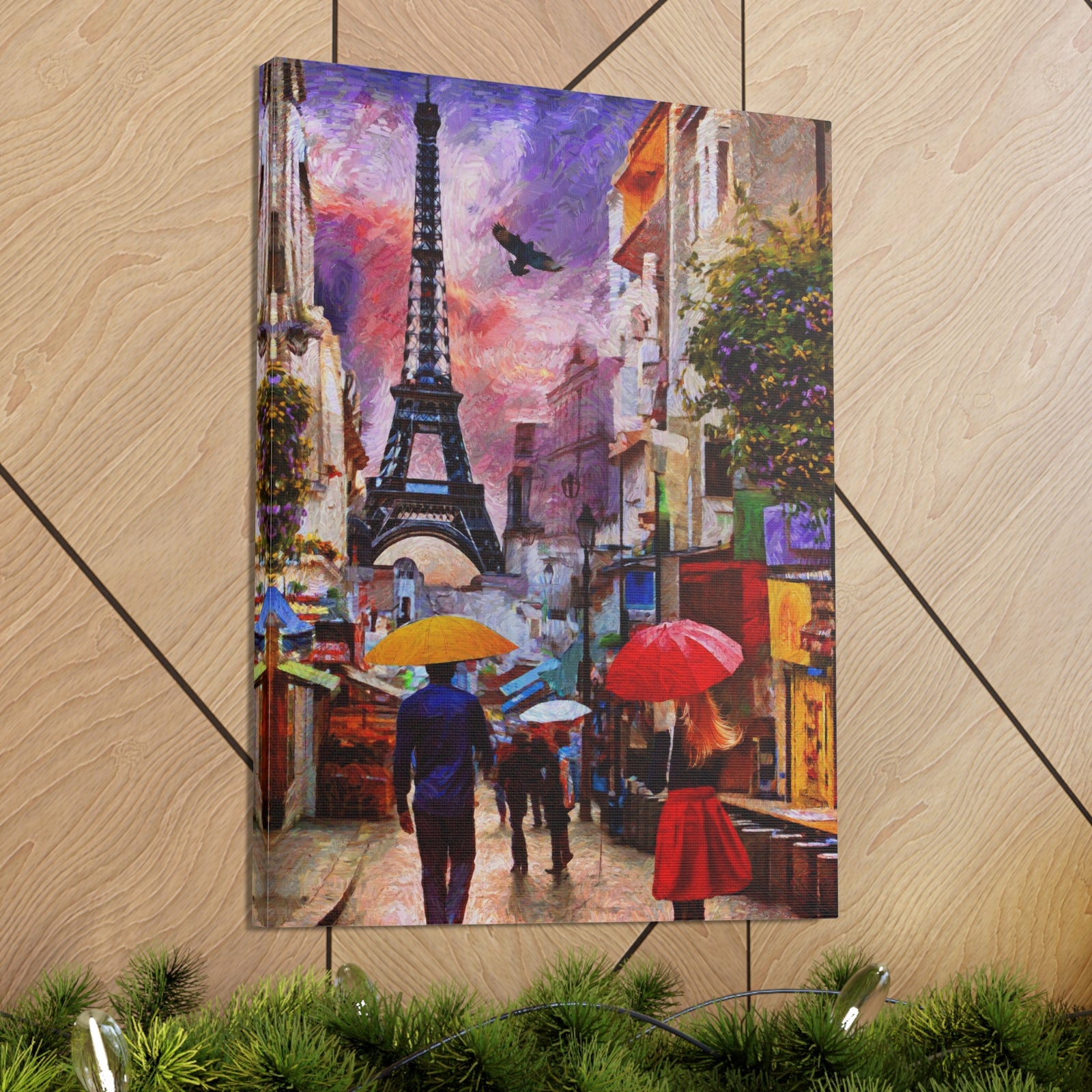 Paris Romantic Couple Red Umbrella Eiffel Tower France Canvas Artwork High-Quality Breathtaking French City for Home Decor Ready to Hang-Express Your Love Gifts