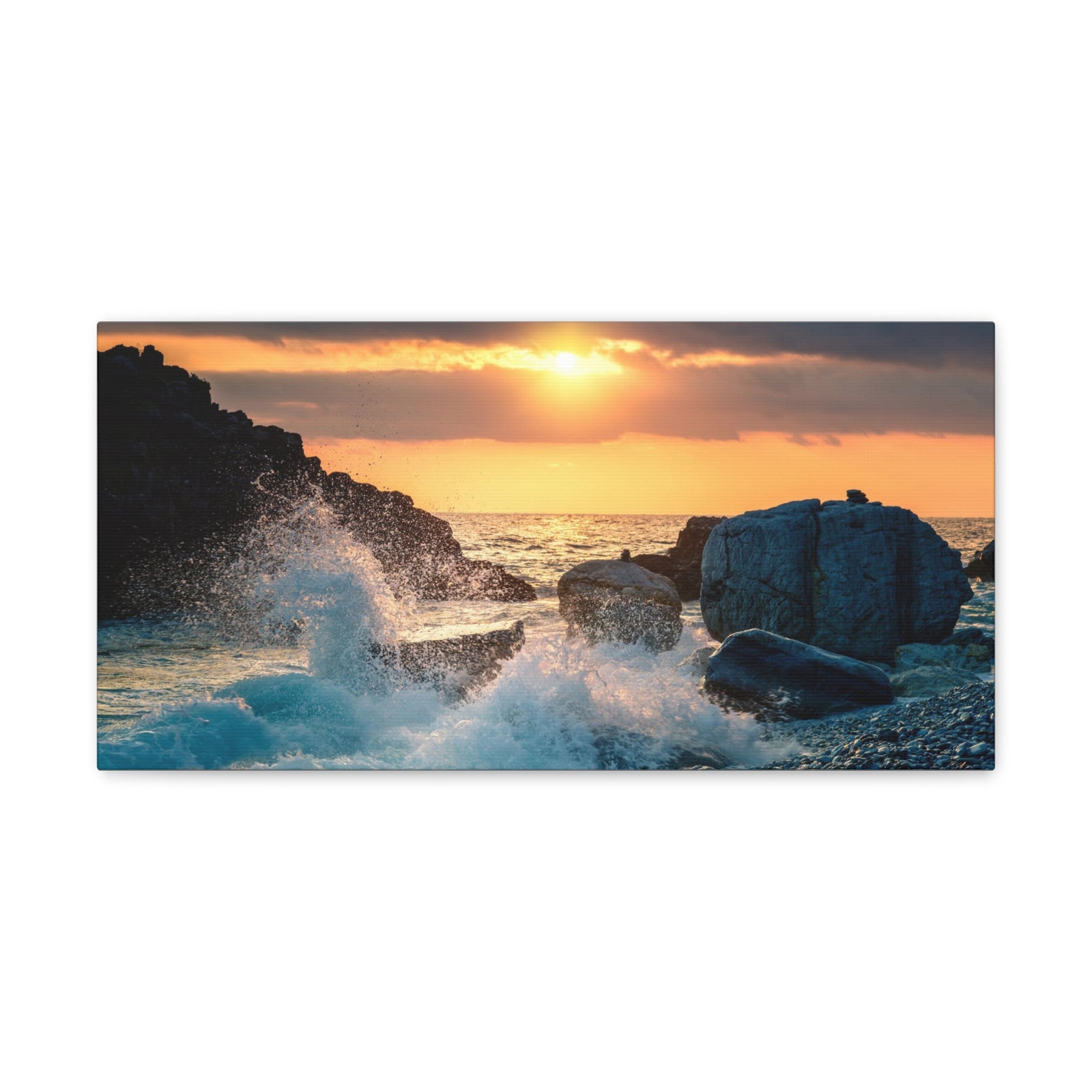 Sea Ocean Wave Hit Rock Beach Sunset Seascape Ocean Canvas Wall Art for Home Decor Ready-to-Hang-Express Your Love Gifts