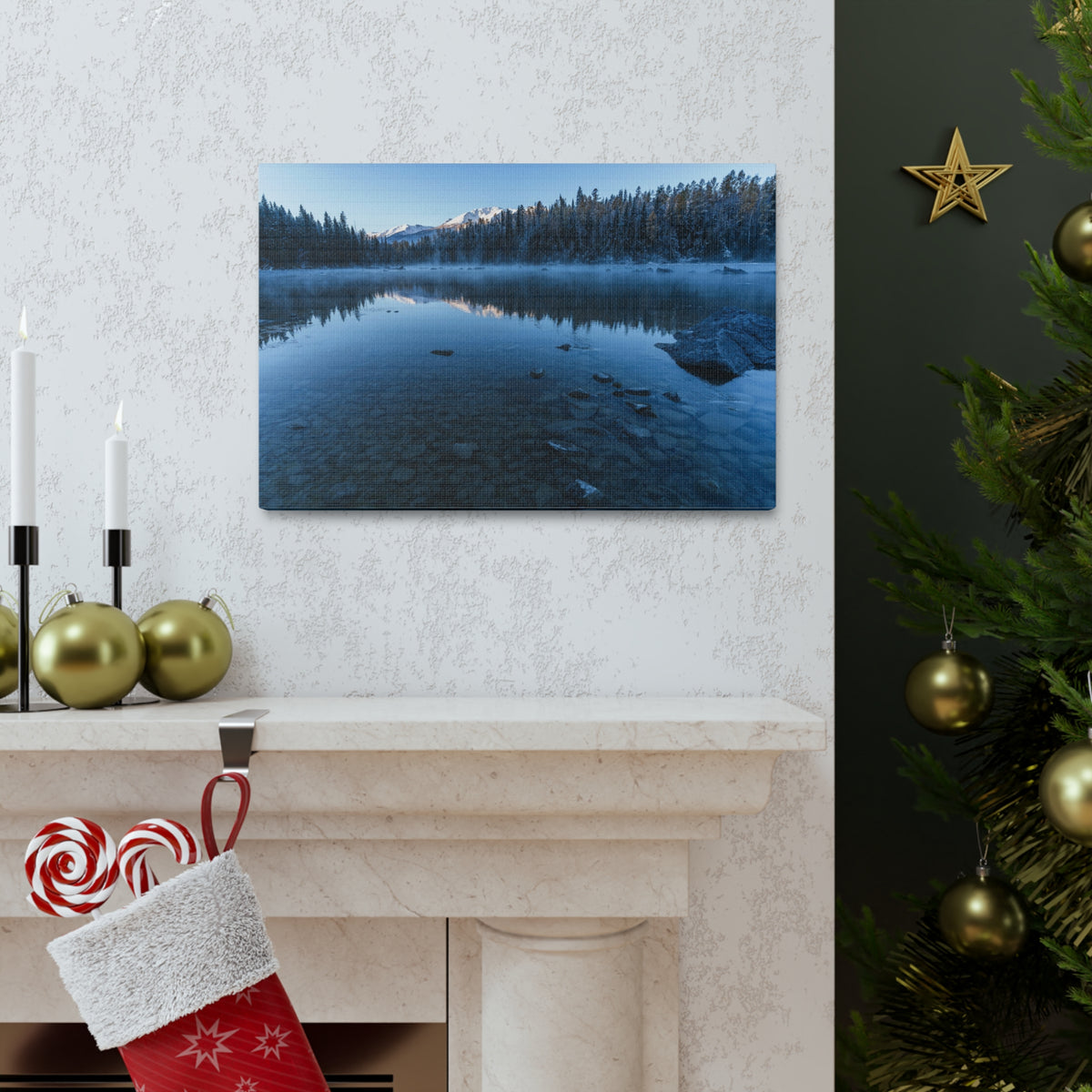 Clear Winter Lake Pine Tree Mountain Nature Wilderness Photography Canvas Wall Art for Home Decor Ready-to-Hang-Express Your Love Gifts