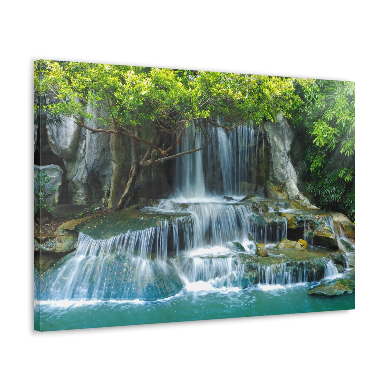 Forest Jungle Cascading Waterfall Nature Wilderness Photography Canvas Wall Art for Home Decor Ready-to-Hang-Express Your Love Gifts