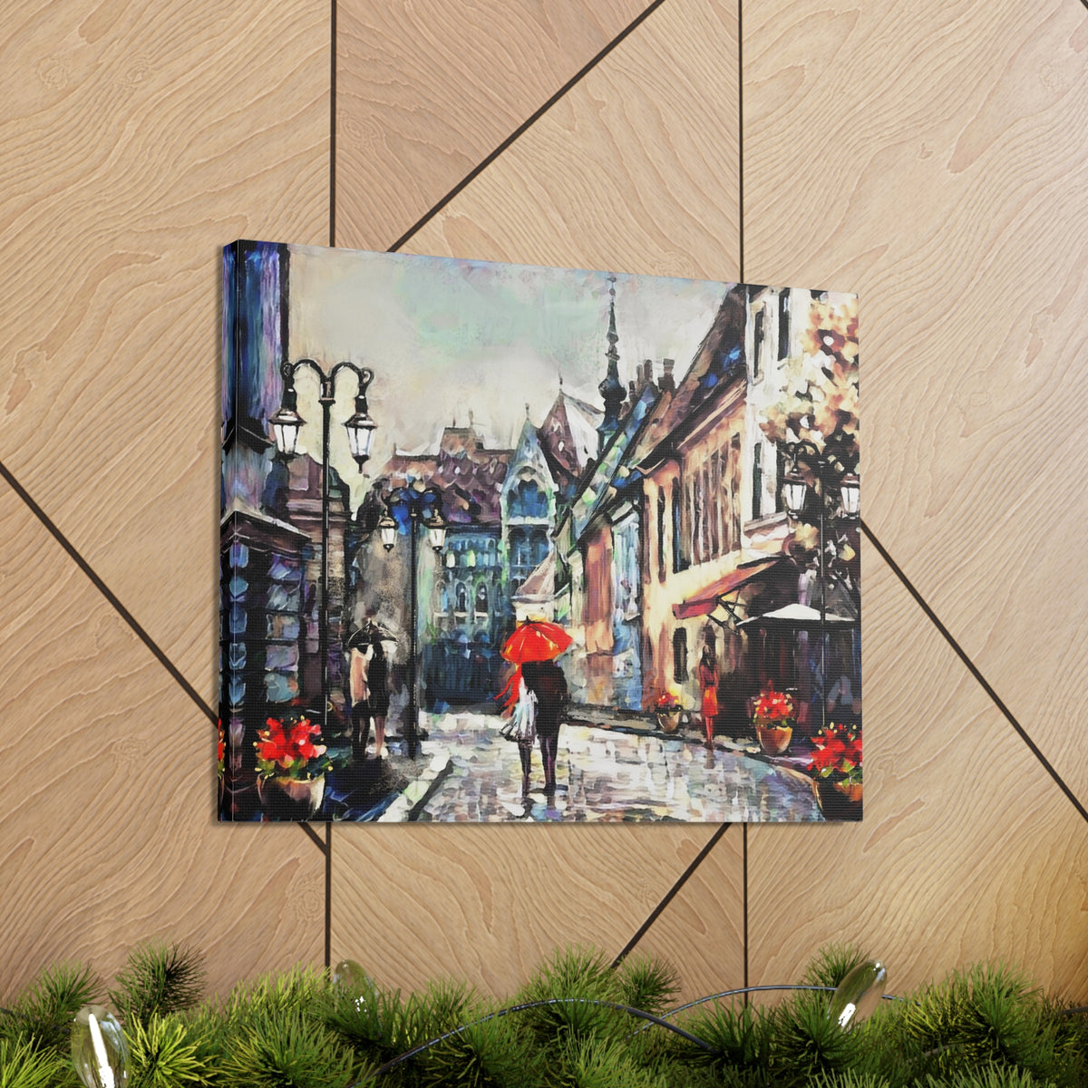 Paris Street View Couple With Red Umbrella France Canvas Artwork High-Quality Breathtaking French City for Home Decor Ready to Hang-Express Your Love Gifts
