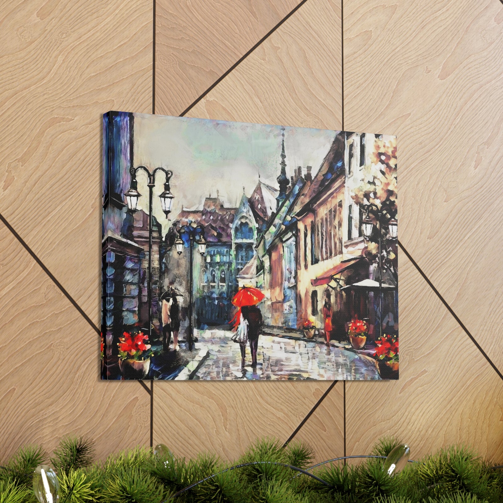 Paris Street View Couple With Red Umbrella France Canvas Artwork High-Quality Breathtaking French City for Home Decor Ready to Hang-Express Your Love Gifts