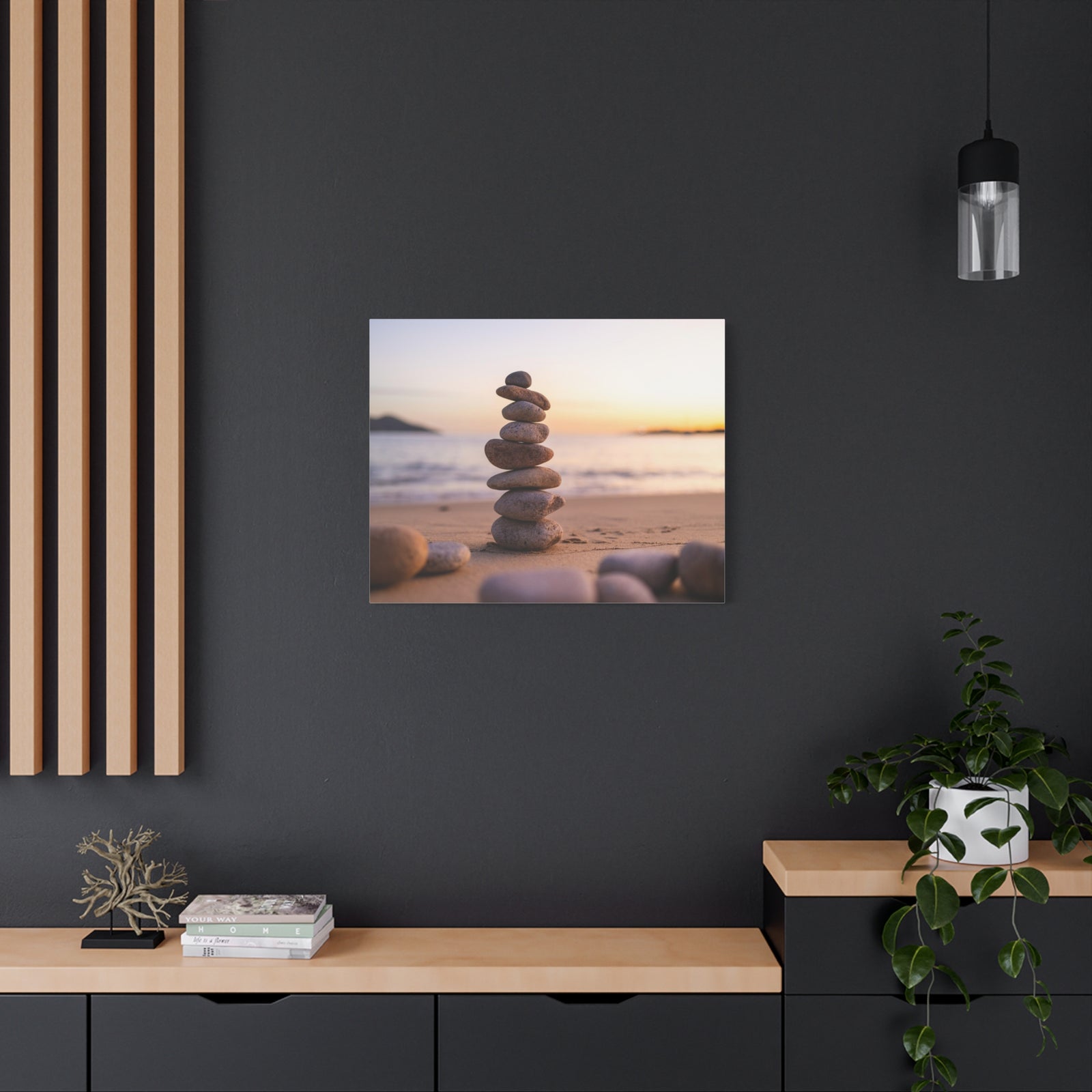 Pebbles Stack Over Blue Sea Nature Wilderness Photography Canvas Wall Art for Home Decor Ready-to-Hang-Express Your Love Gifts