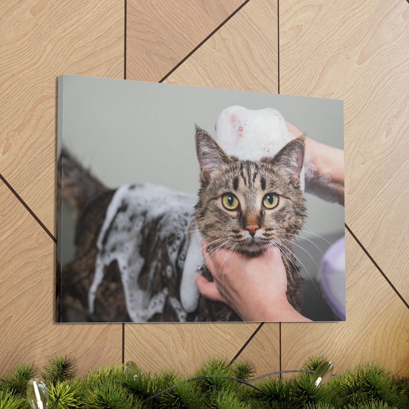 Cute Gray Cat Bath Canvas Wall Art for Home Decor Ready-to-Hang-Express Your Love Gifts