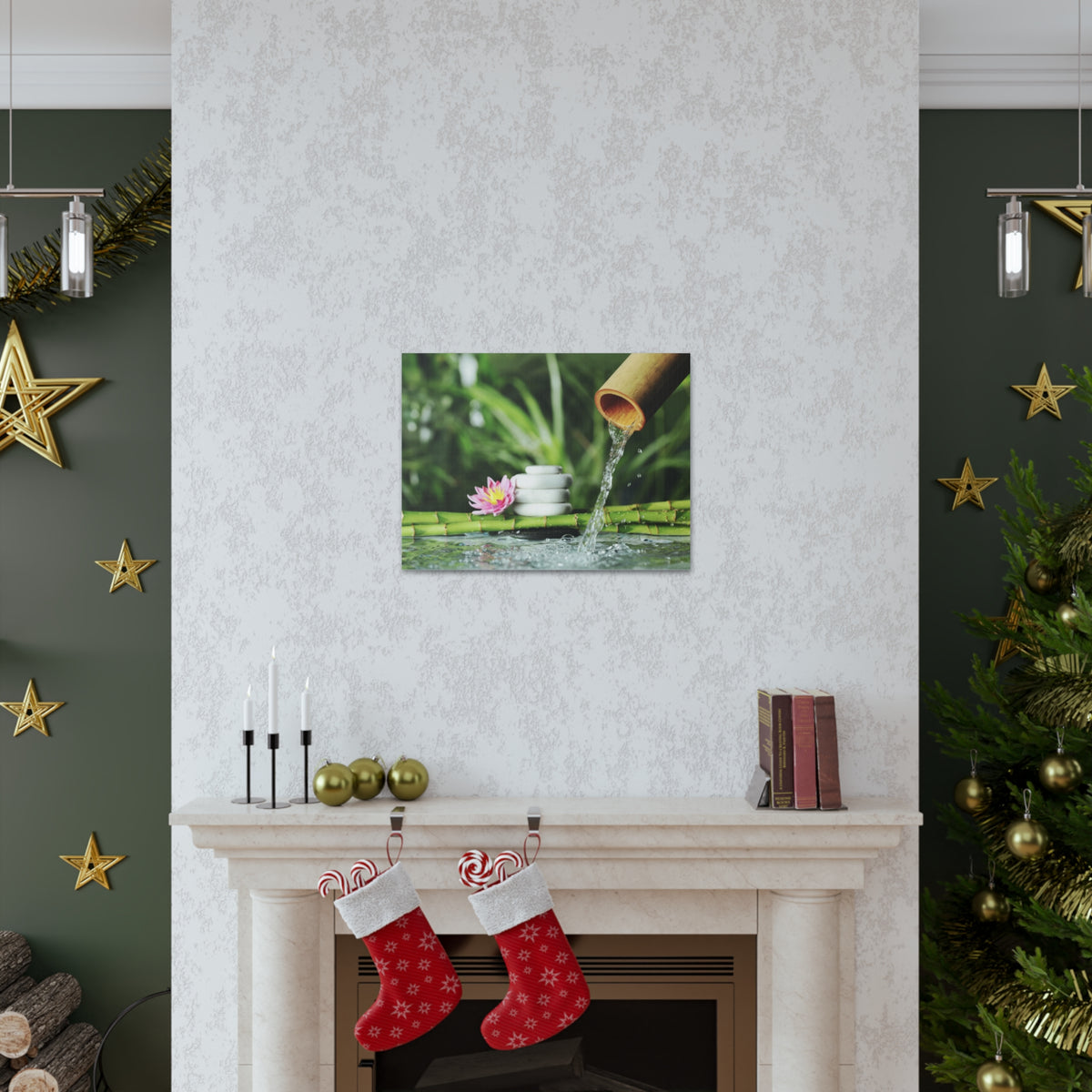 Flower and Bamboo Fountain Forest Floral Nature Photography Canvas Wall Art for Home Decor Ready-to-Hang-Express Your Love Gifts