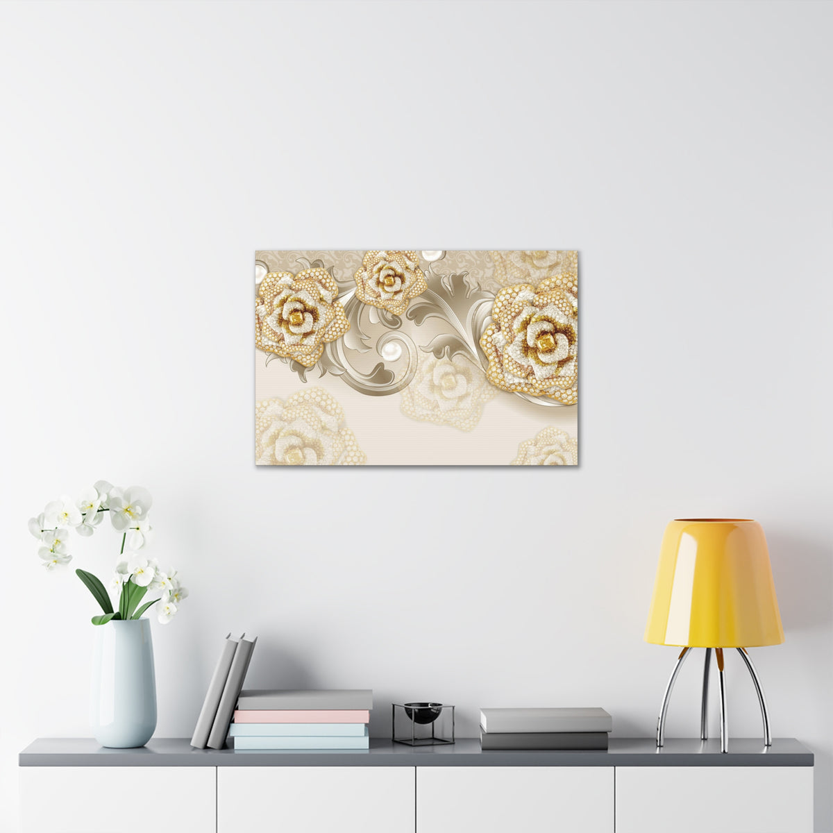 3D Gold And Gray Floral Flower Canvas Wall Art for Home Decor Ready-to-Hang-Express Your Love Gifts