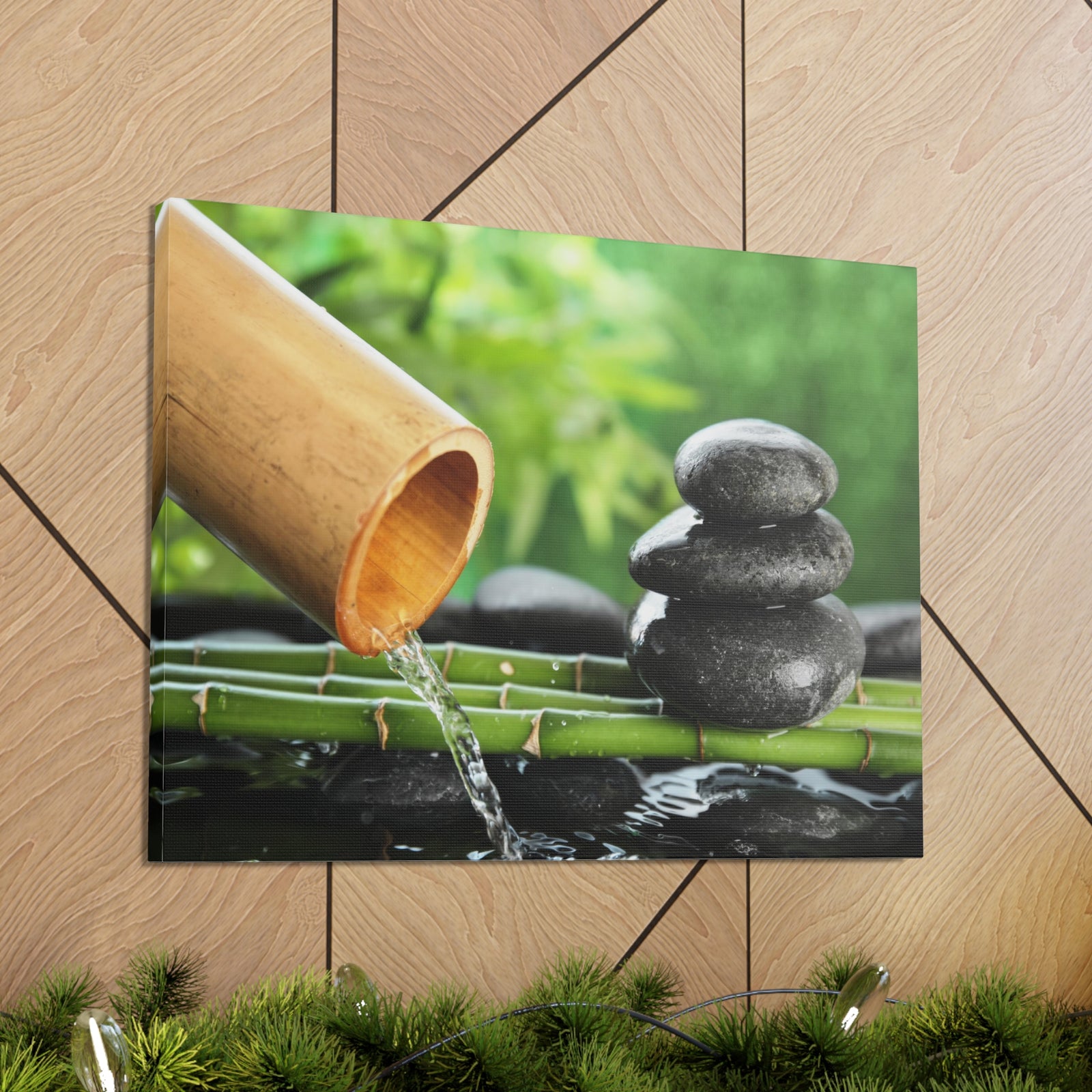 Traditional Bamboo Fountain Forest Floral Nature Photography Canvas Wall Art for Home Decor Ready-to-Hang-Express Your Love Gifts